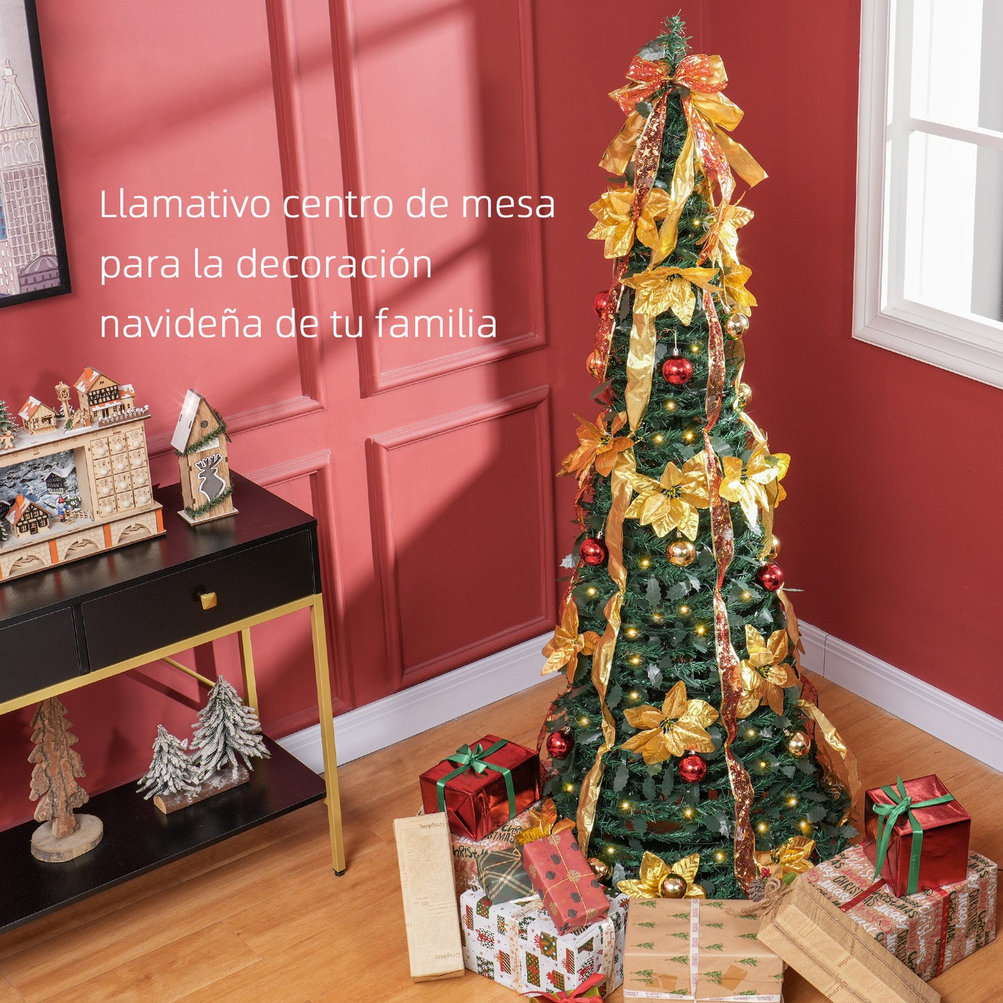 HOMCOM Árbol de Navidad 180 cm Árbol de Navidad con Luces LED Árbol de Navidad Artificial Plegable con Adornos Pre-instalados Árbol Navideño para Interior Verde