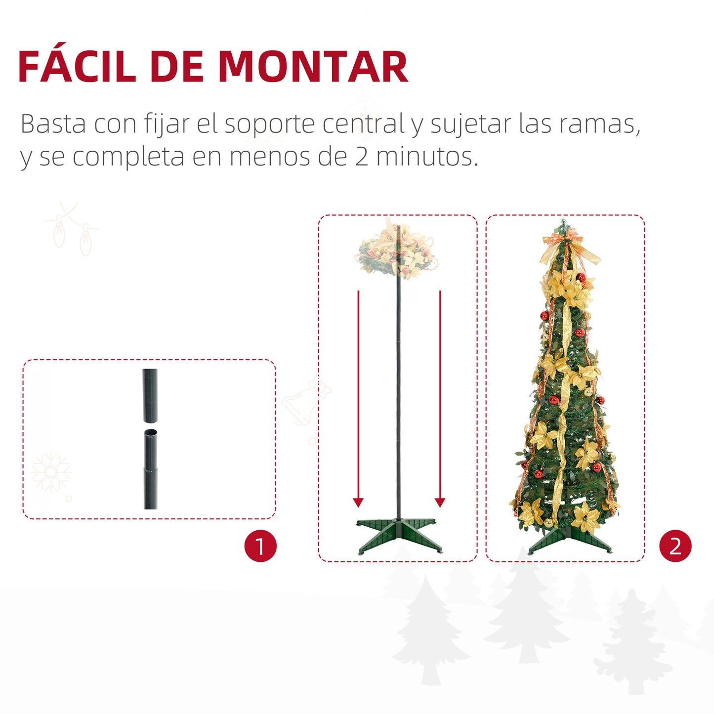 HOMCOM Árbol de Navidad 180 cm Árbol de Navidad con Luces LED Árbol de Navidad Artificial Plegable con Adornos Pre-instalados Árbol Navideño para Interior Verde