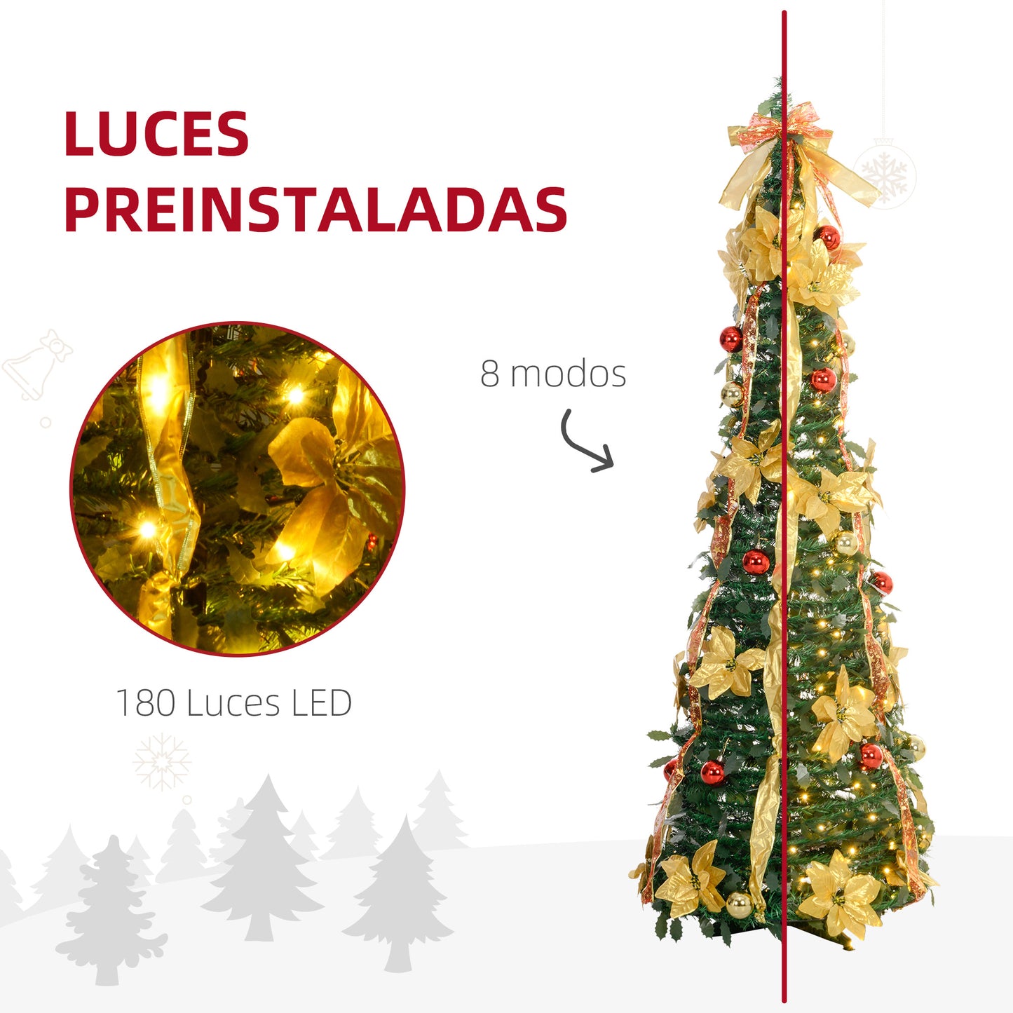 HOMCOM Árbol de Navidad 180 cm Árbol de Navidad con Luces LED Árbol de Navidad Artificial Plegable con Adornos Pre-instalados Árbol Navideño para Interior Verde