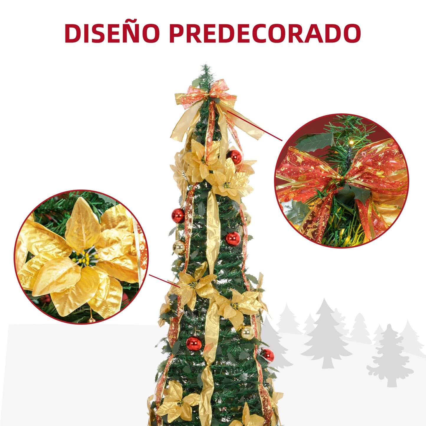 HOMCOM Árbol de Navidad 180 cm Árbol de Navidad con Luces LED Árbol de Navidad Artificial Plegable con Adornos Pre-instalados Árbol Navideño para Interior Verde