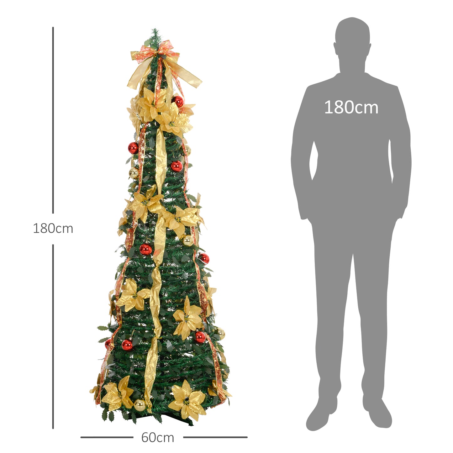 HOMCOM Árbol de Navidad 180 cm Árbol de Navidad con Luces LED Árbol de Navidad Artificial Plegable con Adornos Pre-instalados Árbol Navideño para Interior Verde