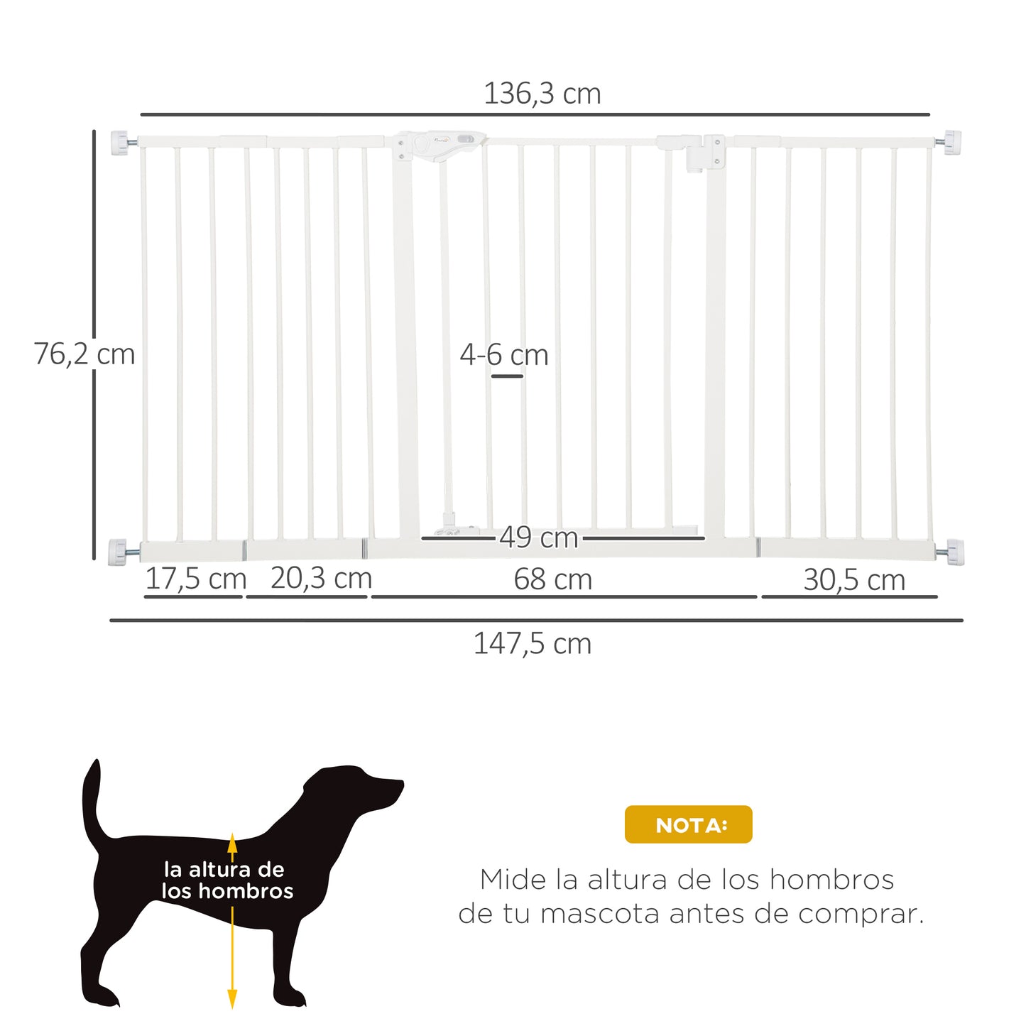 PawHut Barrera de Seguridad Extensible para Puertas y Escaleras Barrera para Perros con Cierre Automático y Sistema de Doble Bloqueo Metal 74-147,5x76,2 cm Blanco