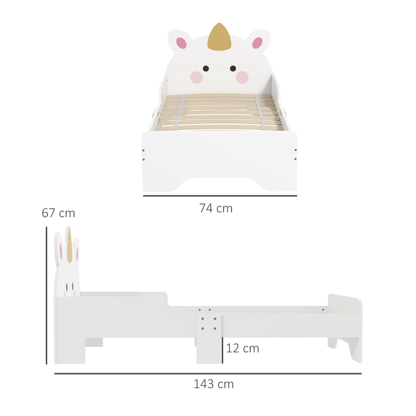 ZONEKIZ Cama para Niños de 3-6 Años 143x74x67 cm Cama Infantil de Madera en Forma de Unicornio Mueble de Dormitorio Moderno Carga 80 kg Blanco