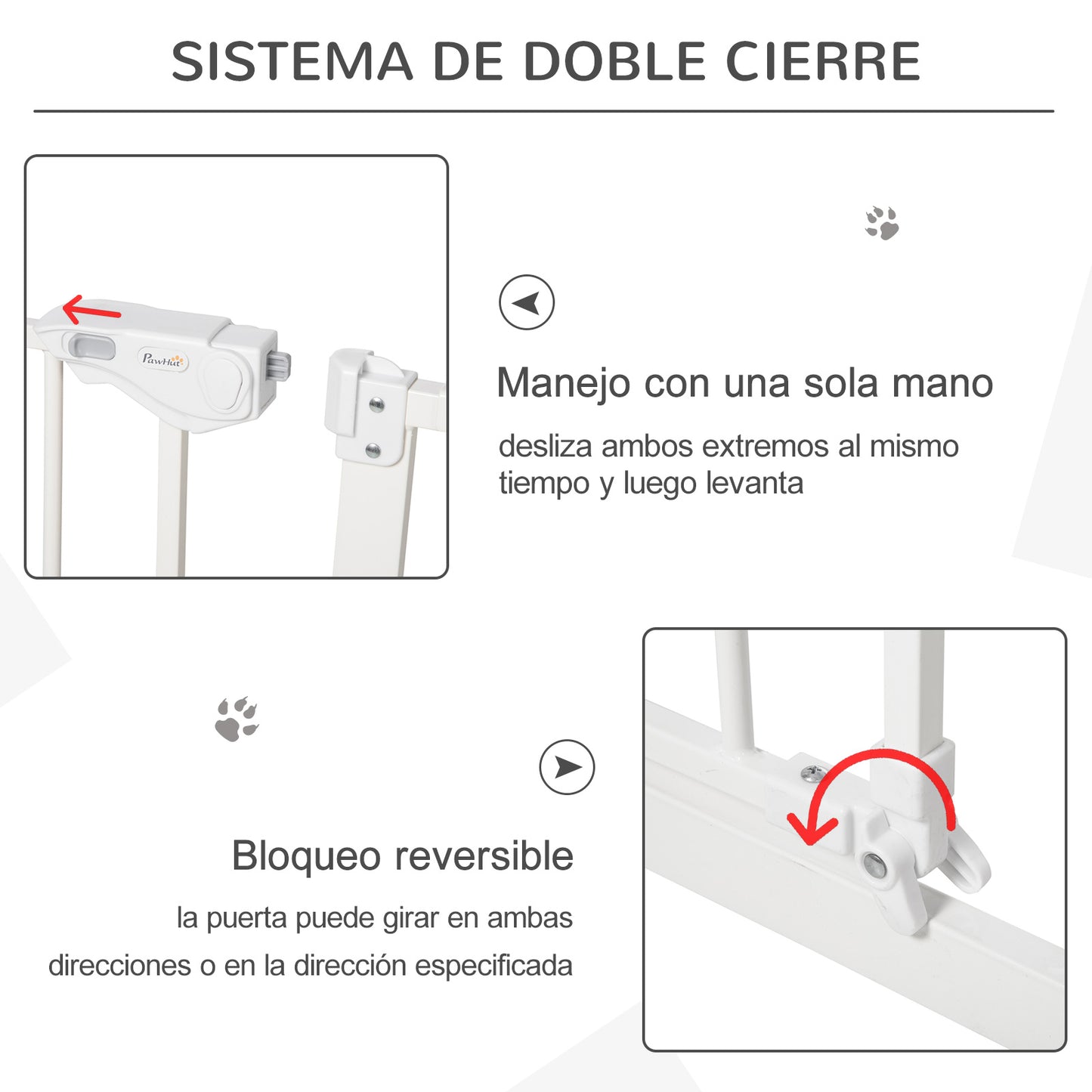 PawHut Barrera de Seguridad Extensible para Puertas y Escaleras Barrera para Perros con Cierre Automático y Sistema de Doble Bloqueo Metal 74-147,5x76,2 cm Blanco