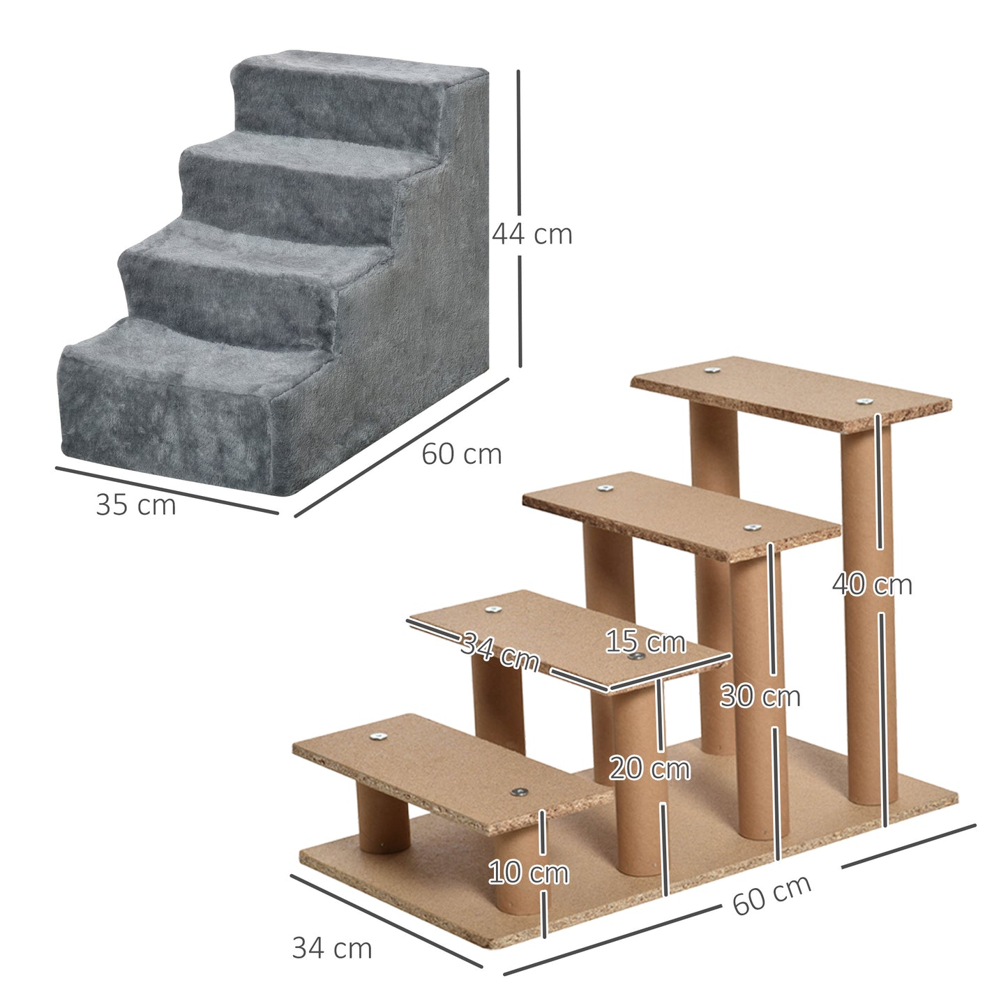 PawHut Escalera para Perros de 4 Peldaños Escalera para Mascotas con Funda Extraíble y Lavable para Cama Sofá 60x35x44 cm Gris