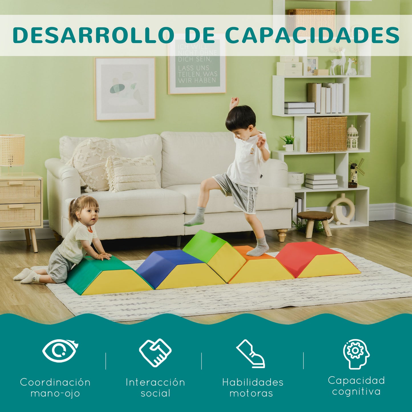 HOMCOM Juego de 5 Bloques de Espuma para Niños de 12-36 Meses Juguetes de Construcción Juguete para Aprendizaje Infantil para Escalar y Gatear 48x19x48 cm Multicolor