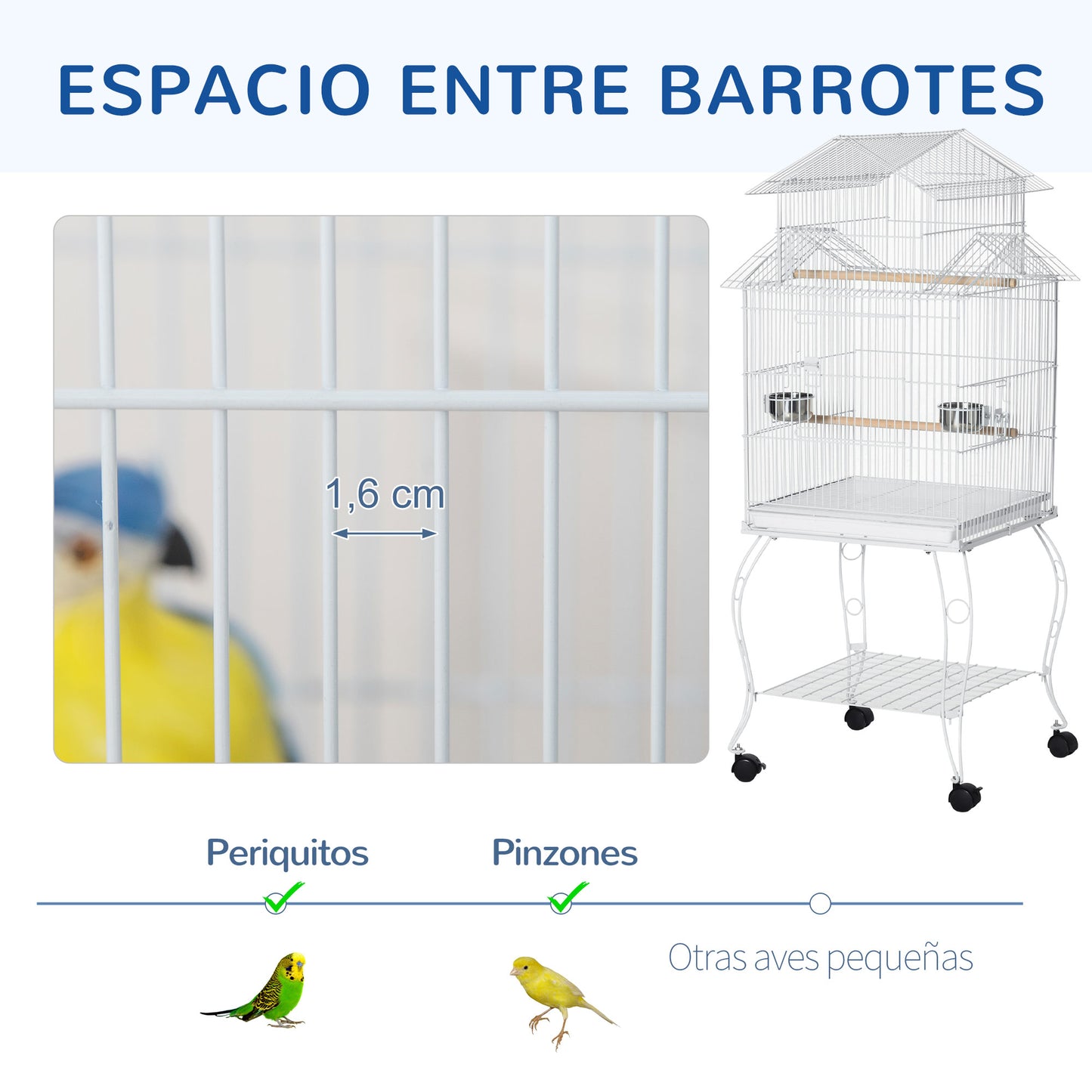 PawHut Jaula para Pájaros con Ruedas Jaula Grande con Soporte 50x49x137 cm con Bandeja Extraíble Puertas Comederos Perchas y Estante Inferior para Canarios Periquitos Blanco