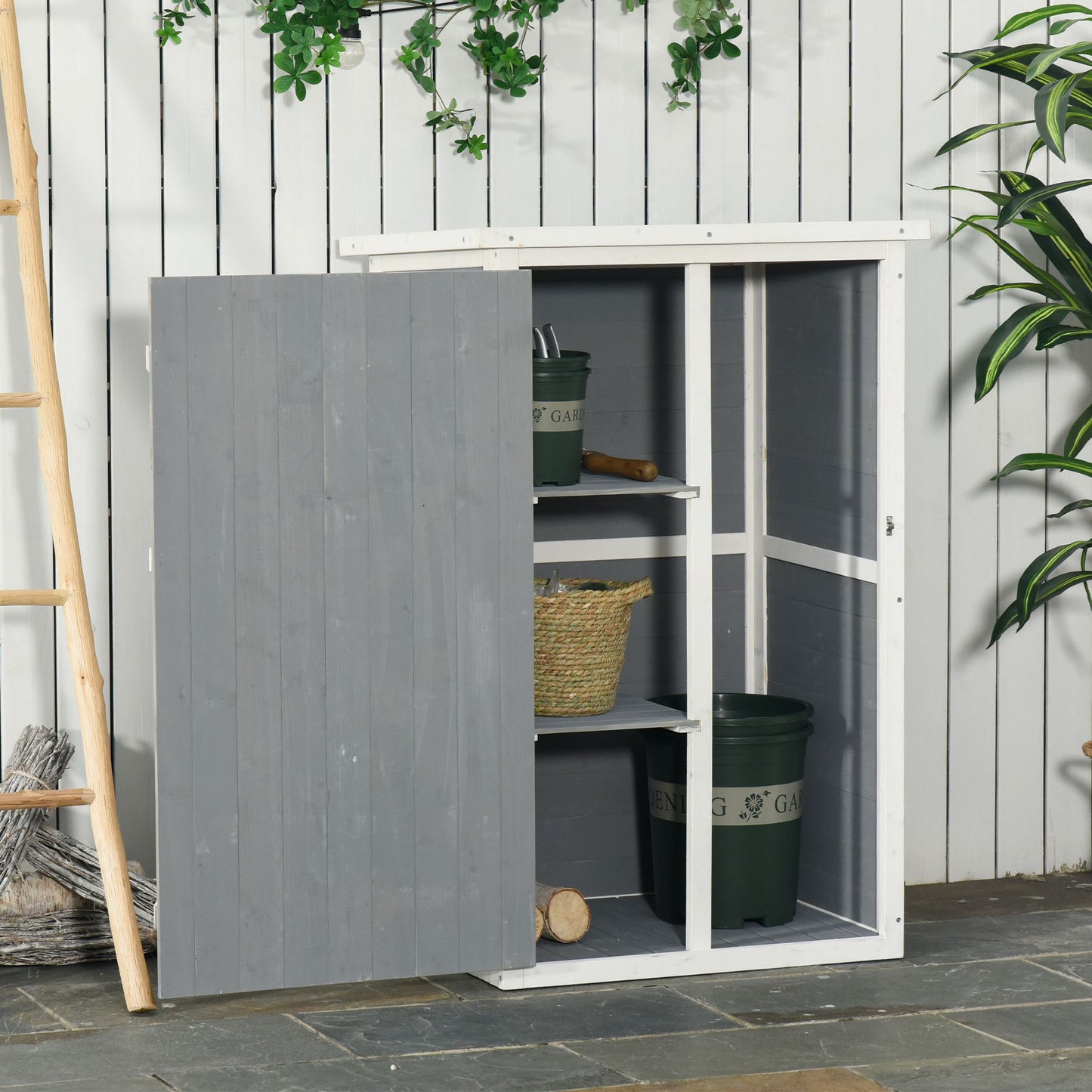 Outsunny Caseta de Jardín de Madera 75x56x115 cm Armario Cobertizo de Exterior para Herramientas con 3 Estantes Interiores Puerta con Pestillo y Techo Asfáltico Gris