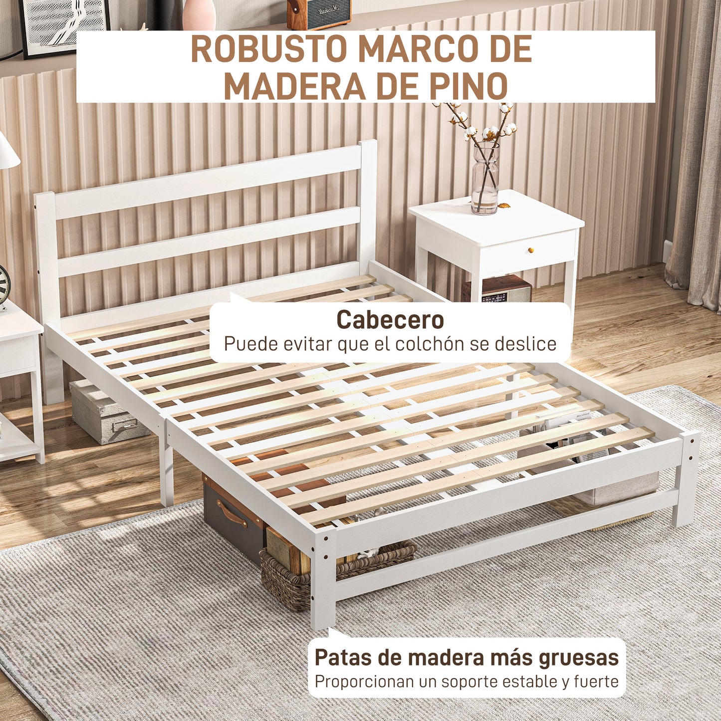 HOMCOM Marco de Cama de Madera 195x141 cm Estructura de Cama Somier Doble para Colchón de 135x190 cm (no incluido) Carga 300 kg Blanco