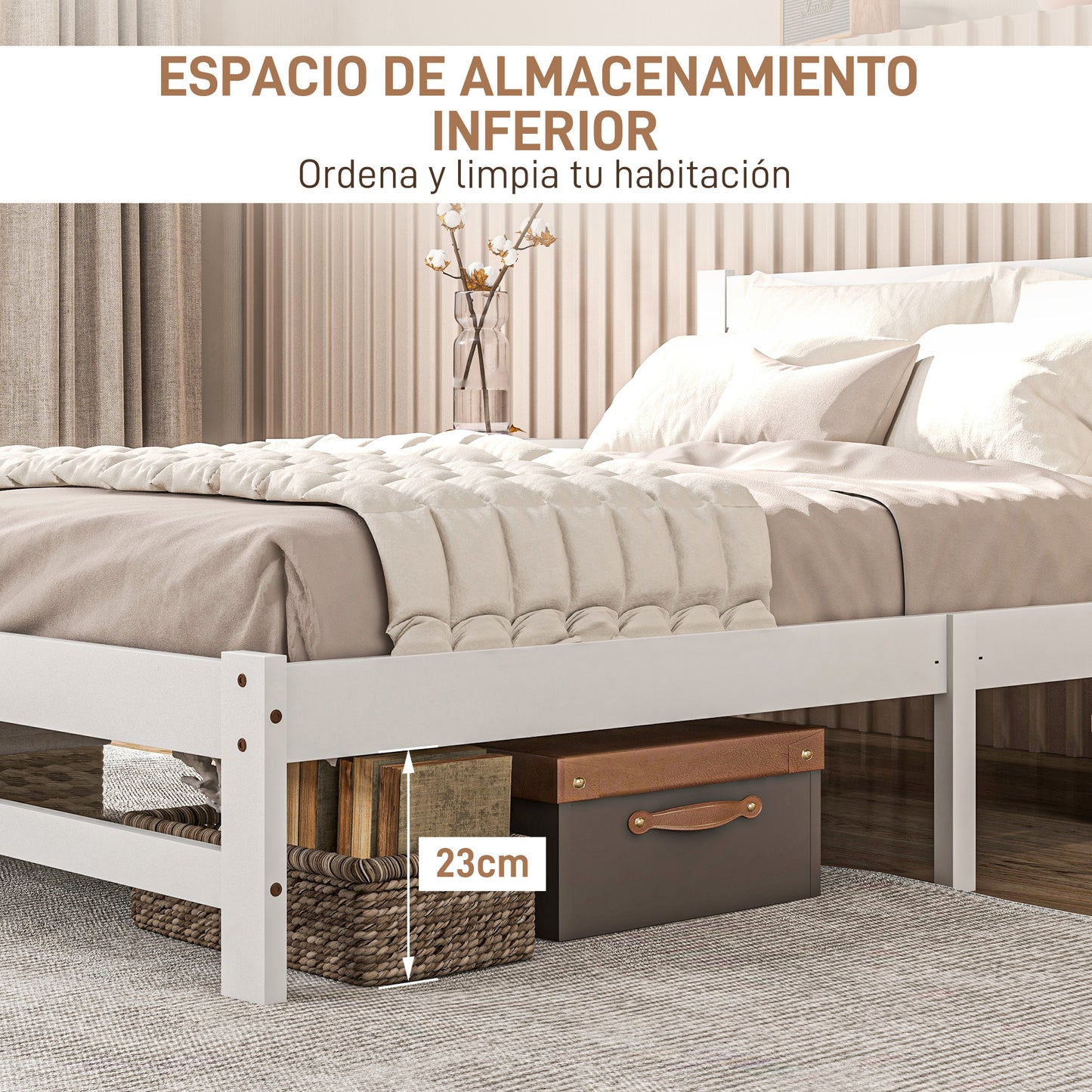 HOMCOM Marco de Cama de Madera 195x141 cm Estructura de Cama Somier Doble para Colchón de 135x190 cm (no incluido) Carga 300 kg Blanco