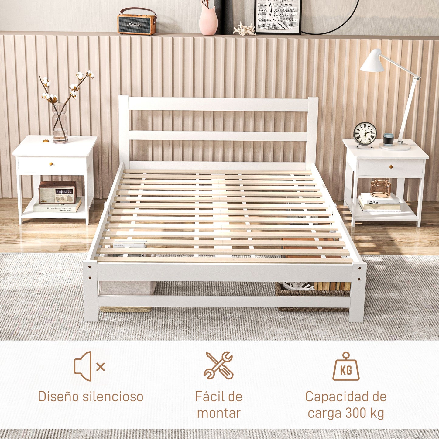 HOMCOM Marco de Cama de Madera 195x141 cm Estructura de Cama Somier Doble para Colchón de 135x190 cm (no incluido) Carga 300 kg Blanco