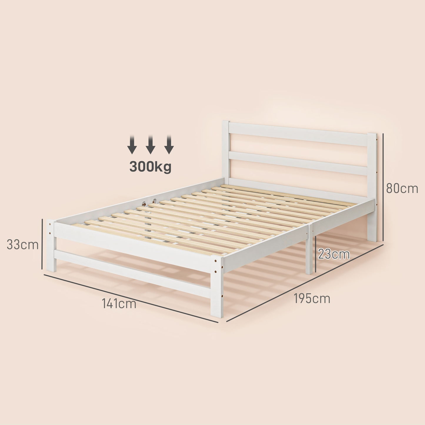 HOMCOM Marco de Cama de Madera 195x141 cm Estructura de Cama Somier Doble para Colchón de 135x190 cm (no incluido) Carga 300 kg Blanco