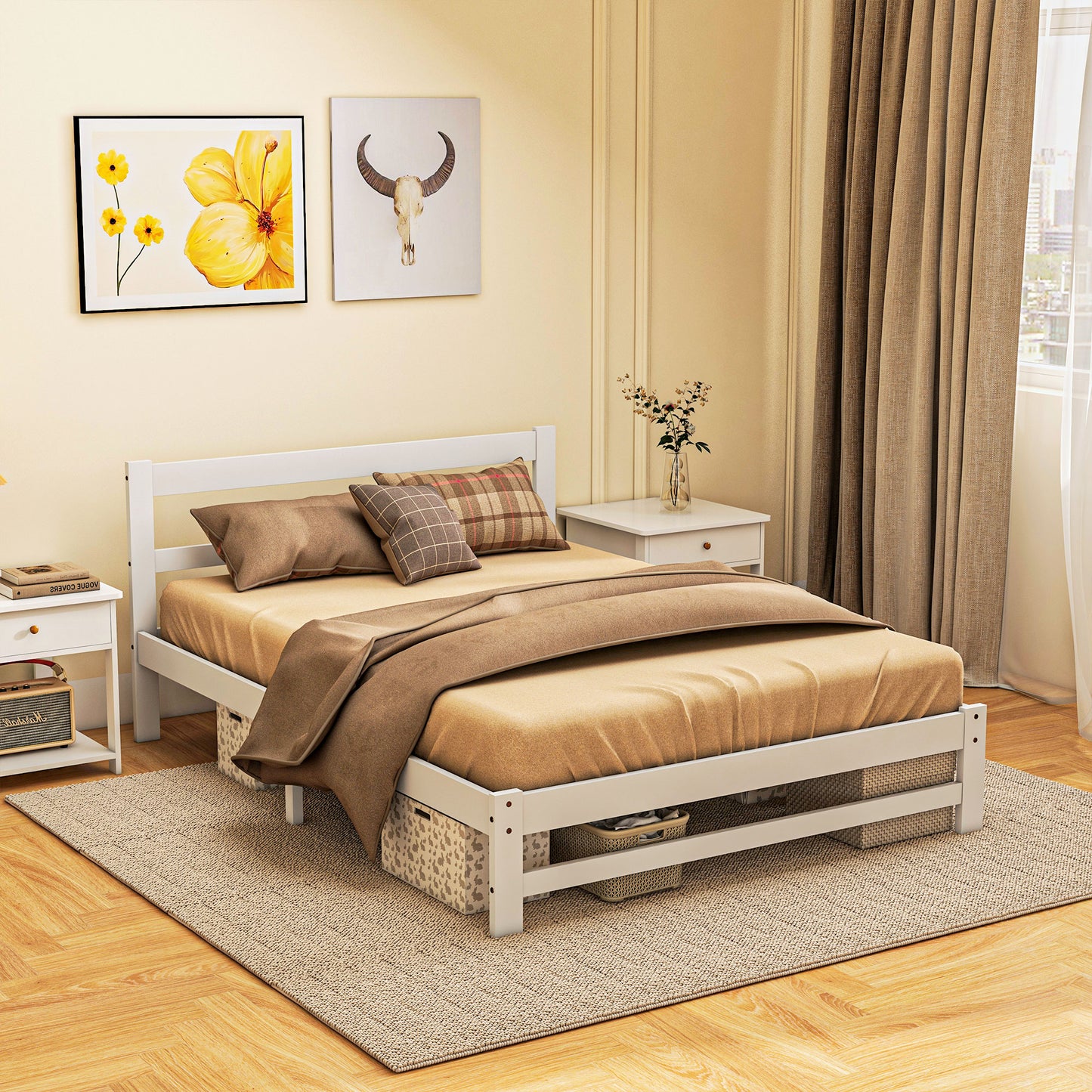 HOMCOM Marco de Cama de Madera 195x141 cm Estructura de Cama Somier Doble para Colchón de 135x190 cm (no incluido) Carga 300 kg Blanco