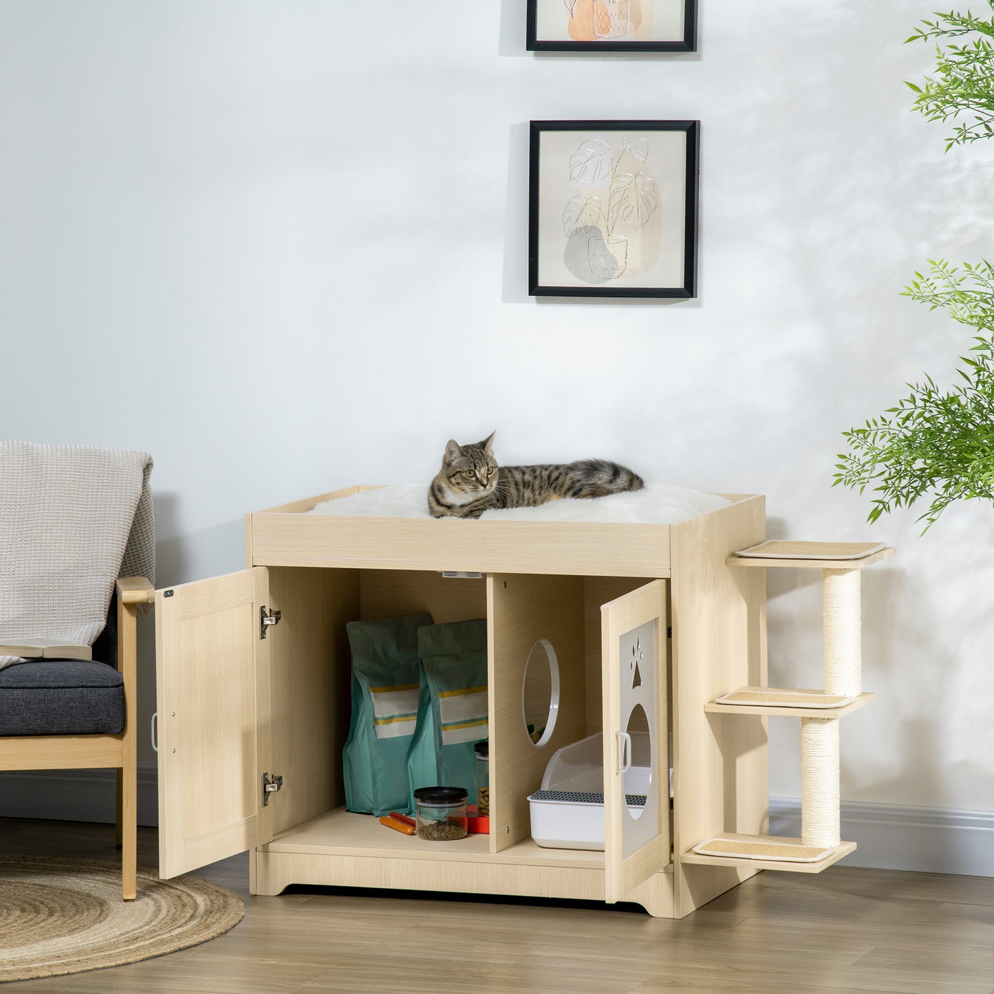 PawHut Arenero para Gatos de Madera con 2 Puertas Mueble Arenero para Gatos con Cama Cojín Suave 3 Plataformas y Postes de Sisal 107x54x70 cm Roble