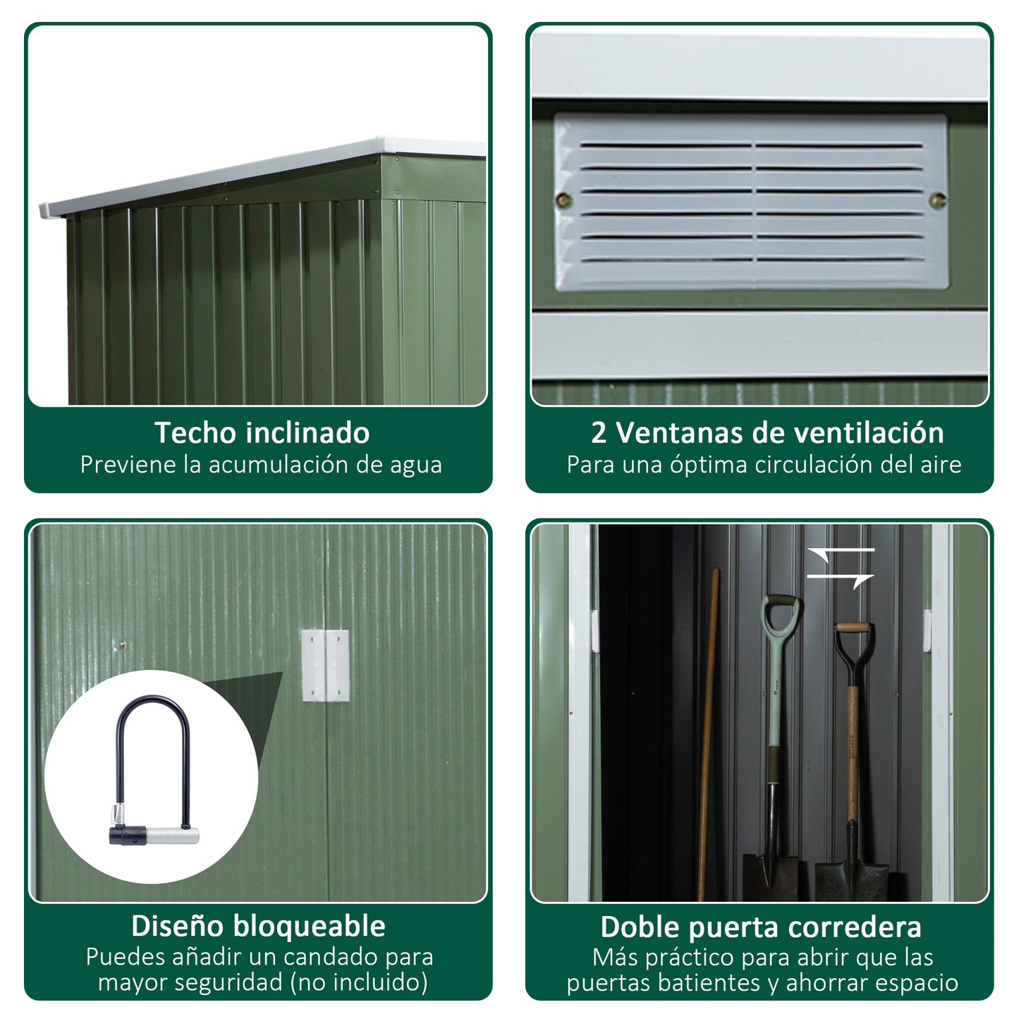 Outsunny Cobertizo de Jardín 280x130x172 cm Base de 3,2 m² Caseta de Exterior Metálica para Almacenamiento de Herramientas con 2 Puertas Correderas y 2 Orificios de Ventilación Verde