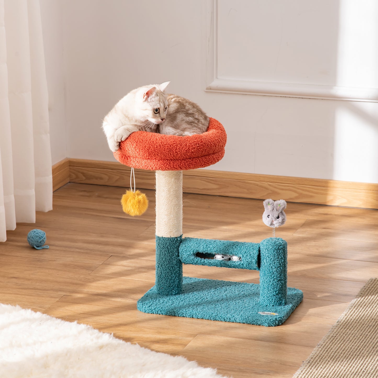 PawHut Rascador para Gatos Pequeño con Cama Extraíble Rodillo con Cascabeles Poste de Rascador de Sisal Bola Colgante y Juguete 37x25x45 cm Naranja y Azul