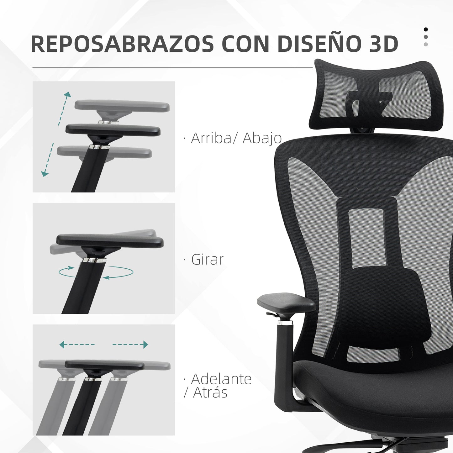 Vinsetto Silla de Oficina de Malla Silla de Escritorio Reclinable con Reposacabezas Ajustable Soporte Lumbar y Reposabrazos 3D Carga 150 kg 70x66x120-128 cm Negro