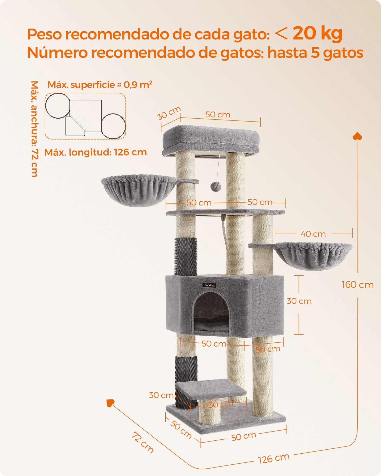 Árbol para Gatos 50 x 50 x 160 cm Gris Paloma y Blanco Crema-Feandrea