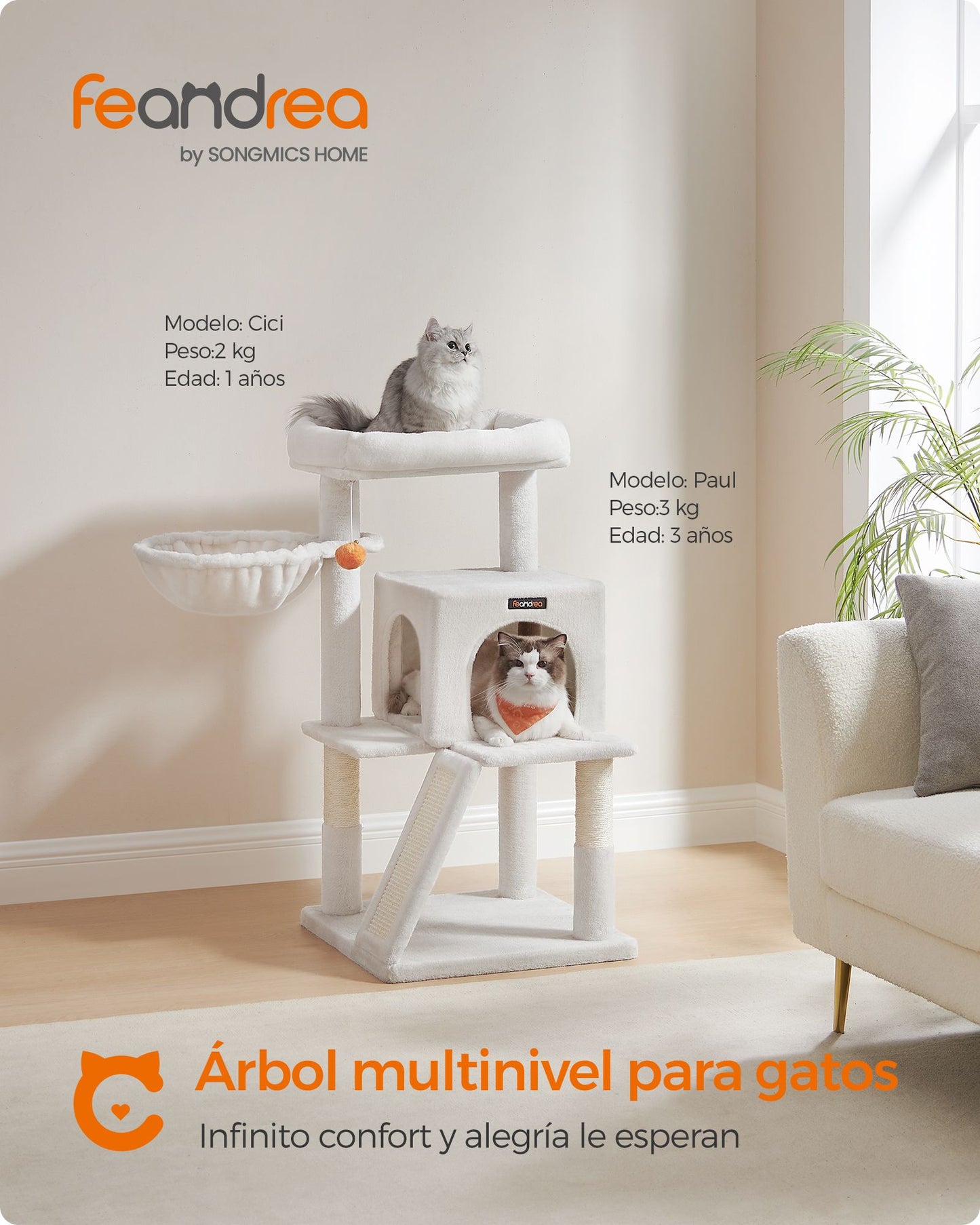 Árbol de Gatos para Gatos Grandes Blanco Crema-Feandrea