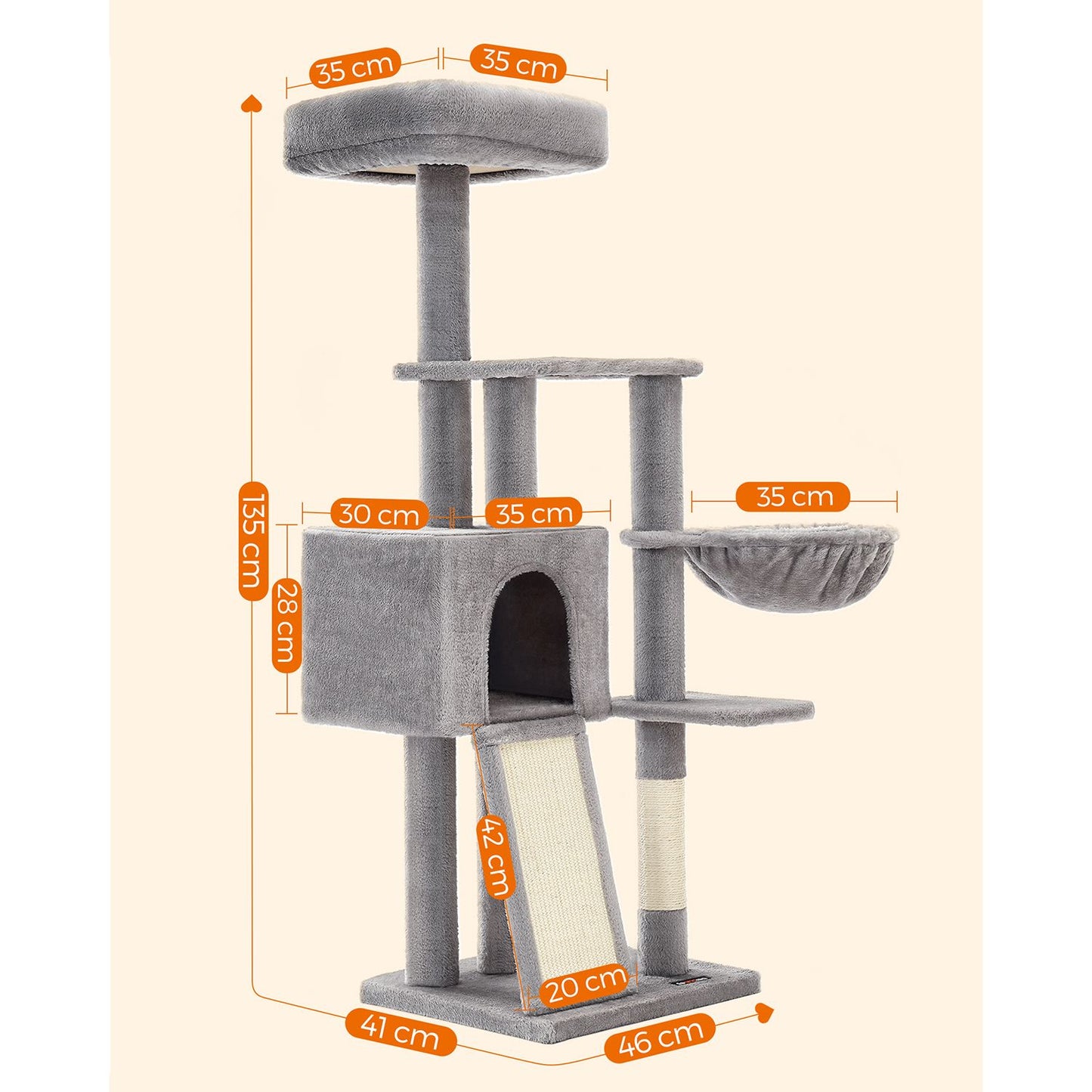 Árbol para Gatos Pequeños 135 cm con Cubierta de Plataforma Extraíble y Lavable-Feandrea