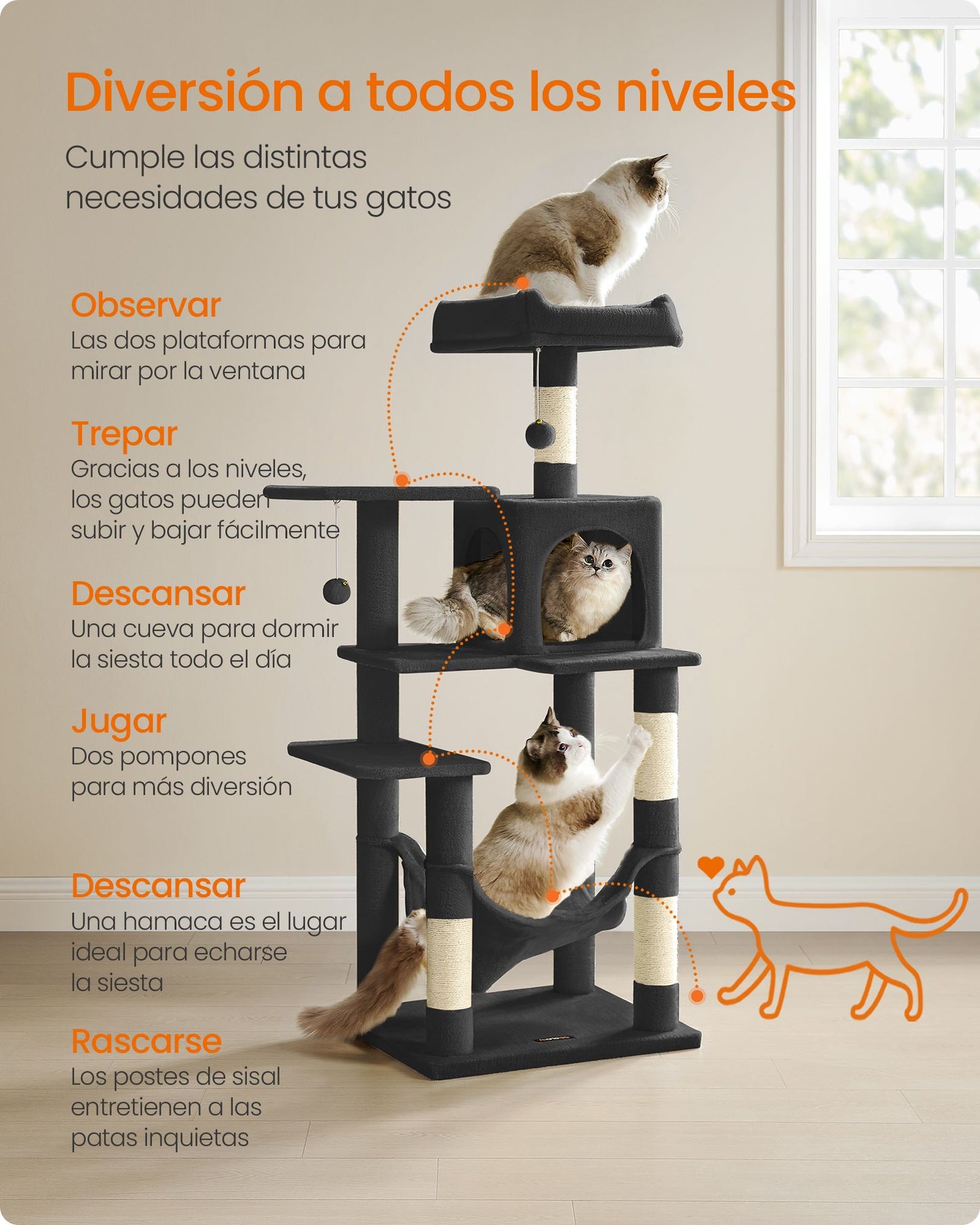 Árbol para Gatos Altura 143 cm Multinivel Negro Tinta-Feandrea