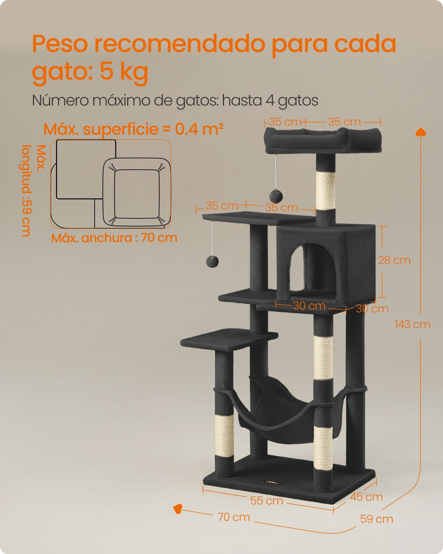 Árbol para Gatos Altura 143 cm Multinivel Negro Tinta-Feandrea