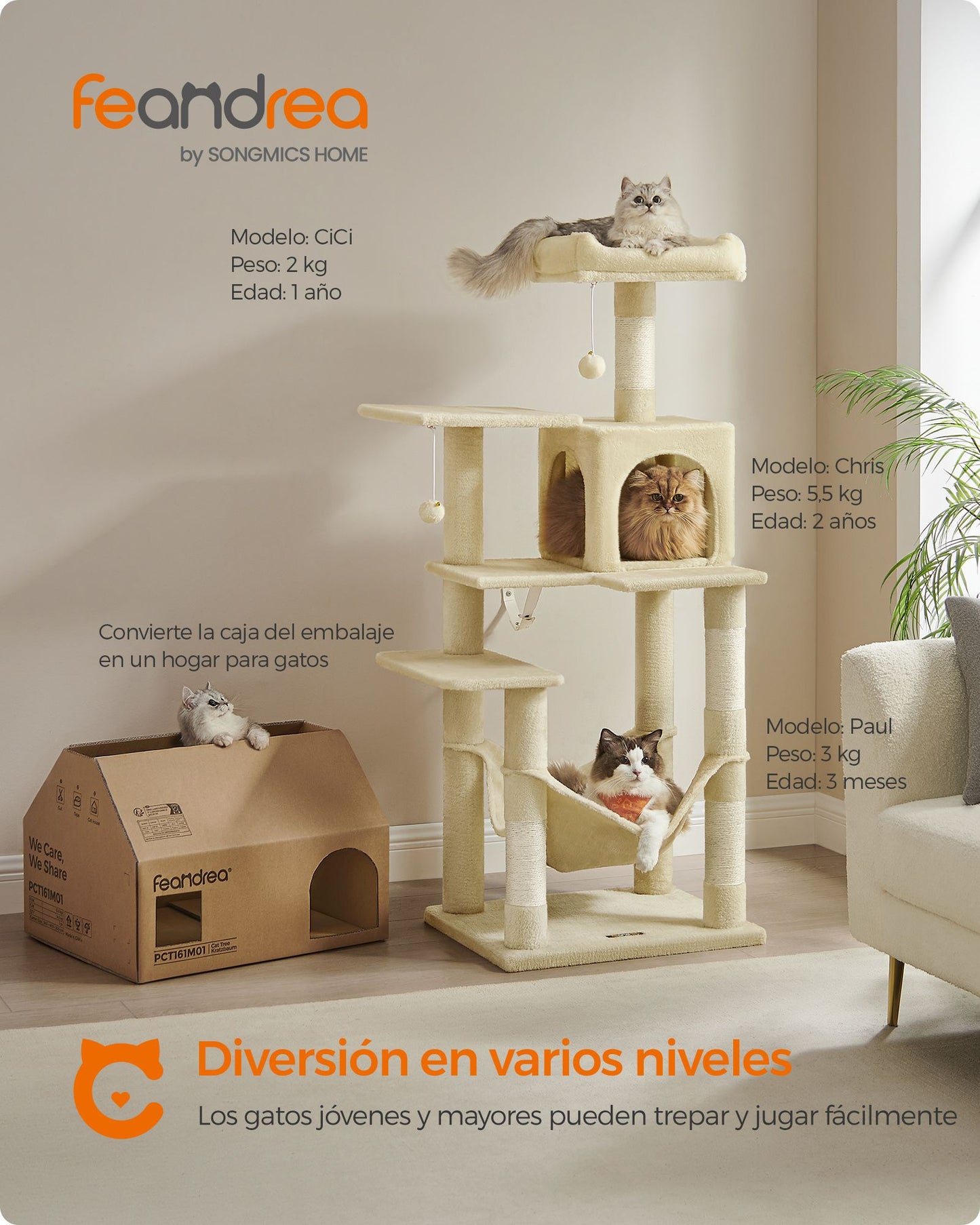 Árbol para Gatos Altura 143 cm Multinivel Beige-Feandrea