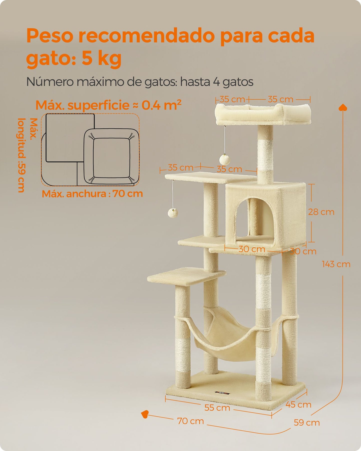 Árbol para Gatos Altura 143 cm Multinivel Beige-Feandrea