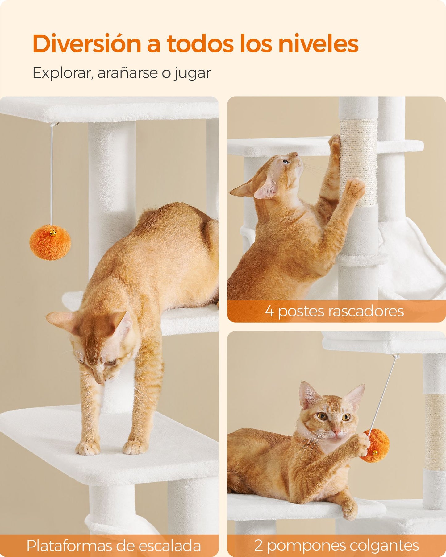 Árbol para Gatos 143 cm Blanco Crema-Feandrea