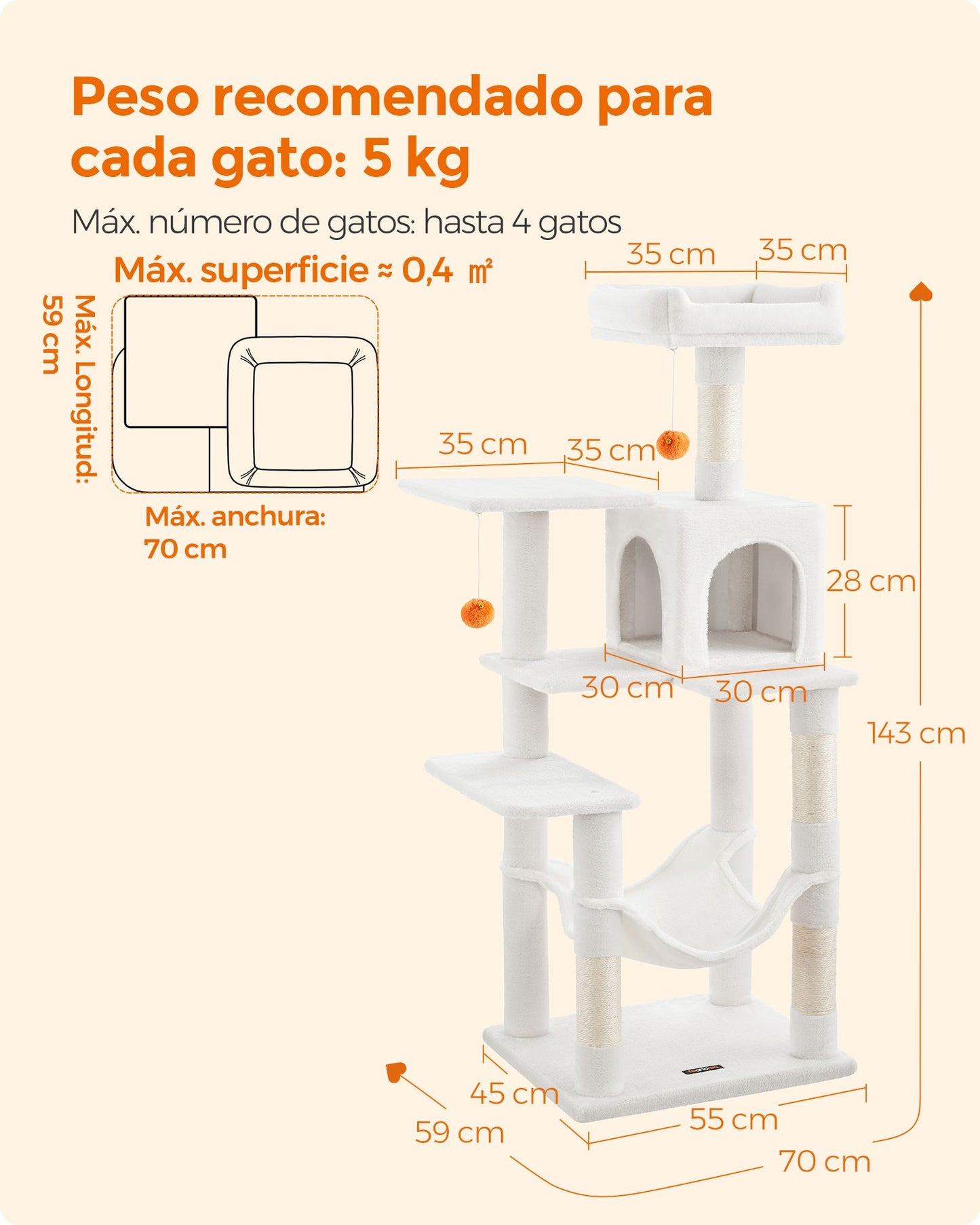 Árbol para Gatos 143 cm Blanco Crema-Feandrea