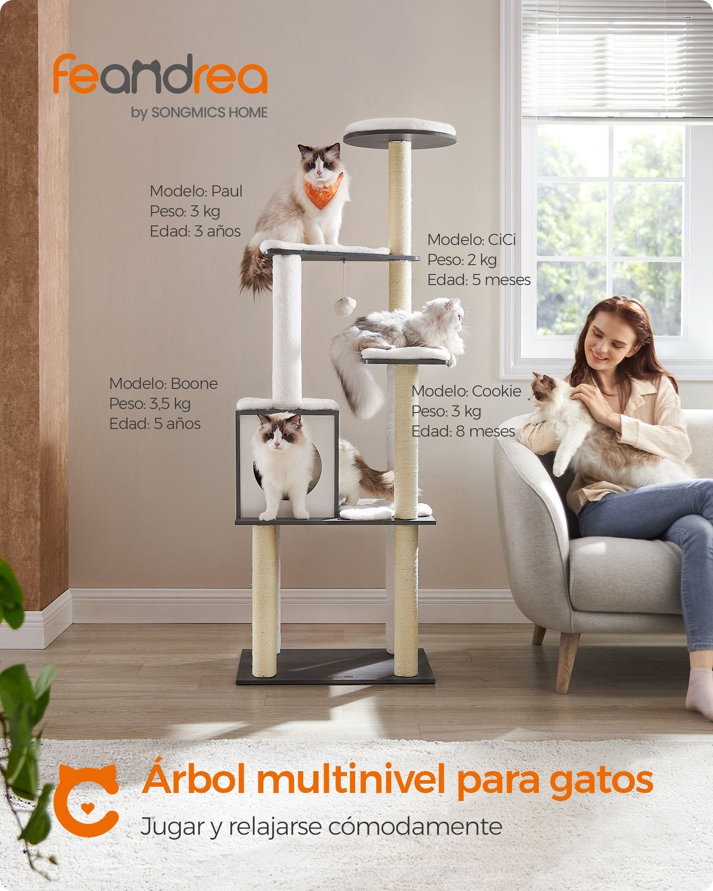 Árbol para Gatos 165 cm Cojines Lavables Gris Niebla-Feandrea