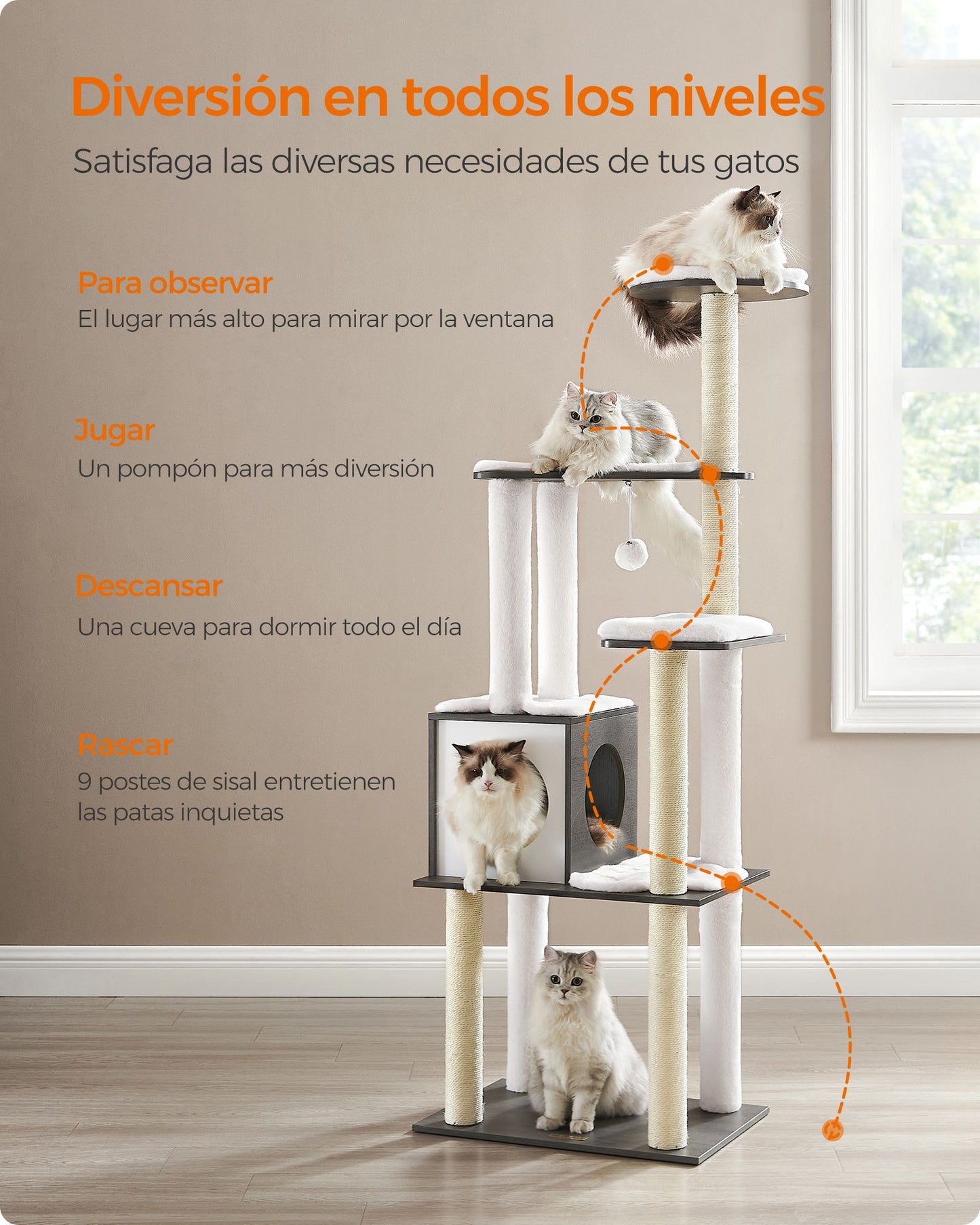 Árbol para Gatos 165 cm Cojines Lavables Gris Niebla-Feandrea