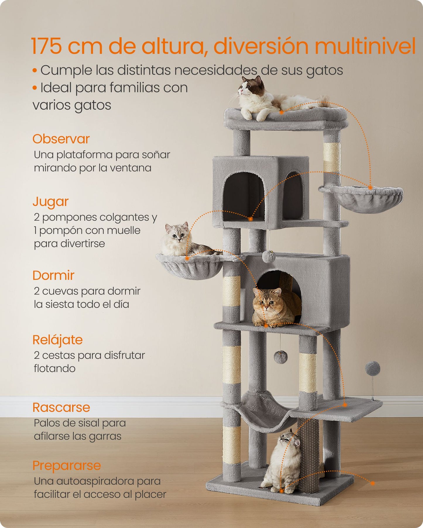 Árbol Grande para Gatos de 175 cm Beige Arena-Feandrea