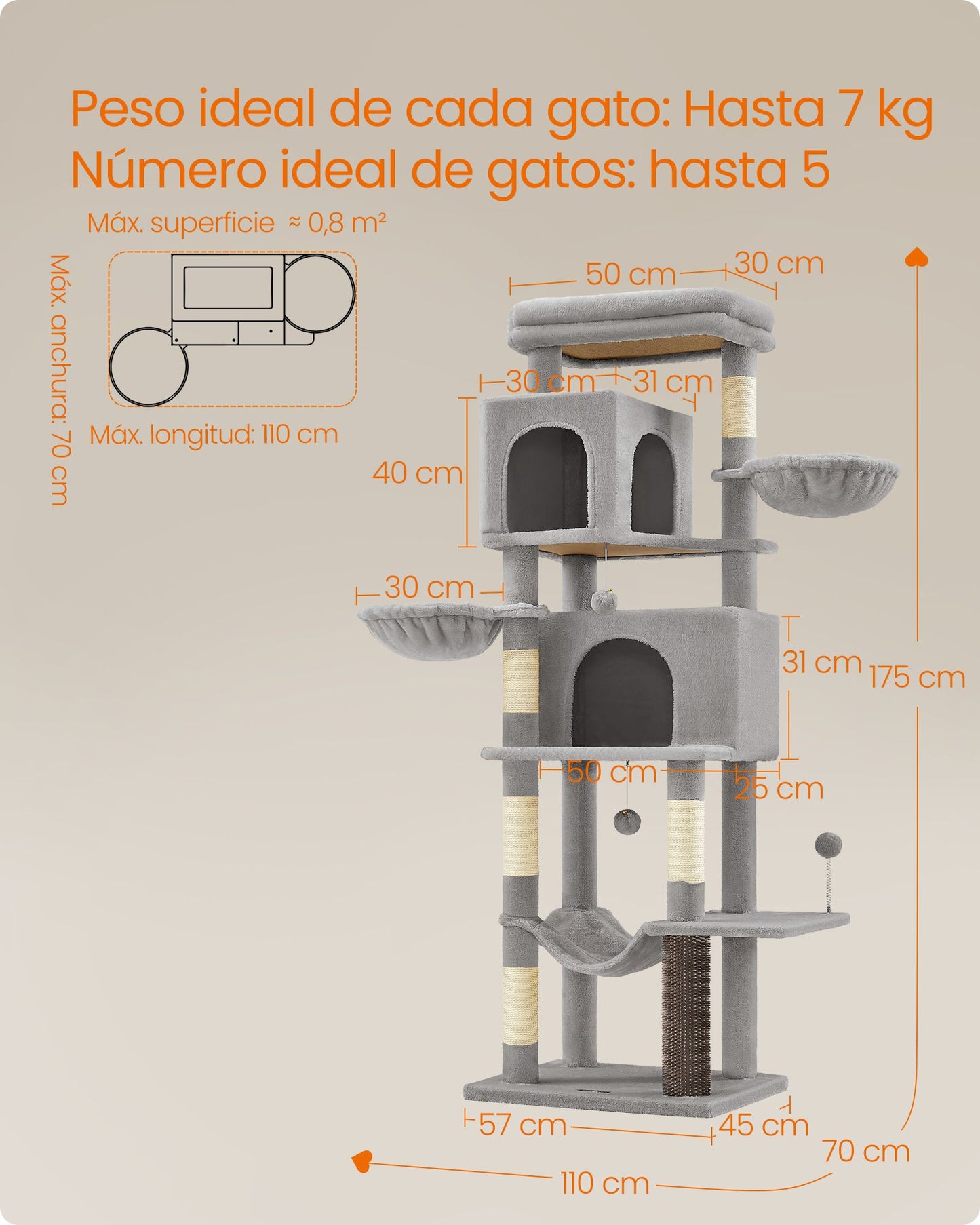 Árbol Grande para Gatos de 175 cm Beige Arena-Feandrea