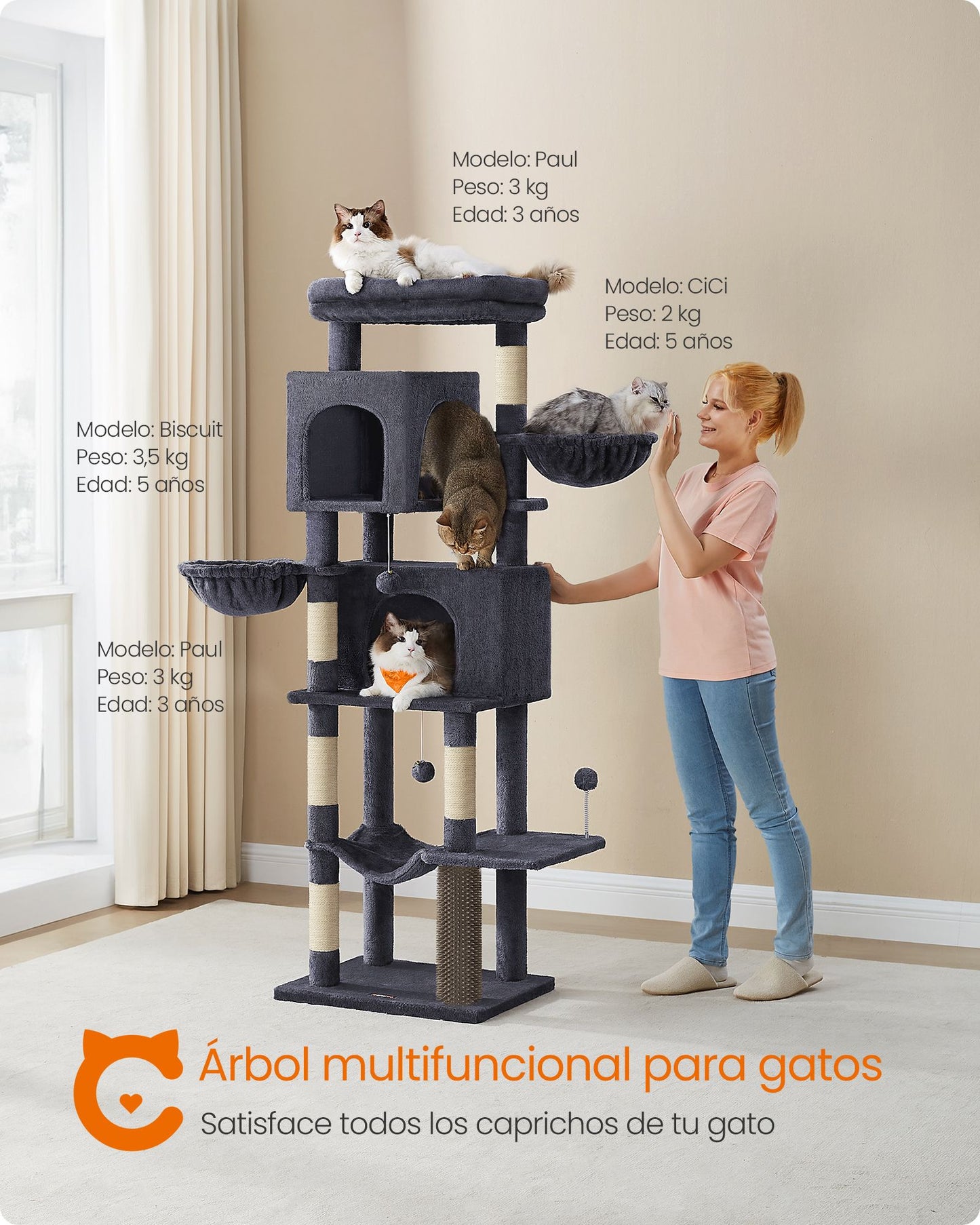 Árbol para Gatos de 175 cm con 2 Cuevas Hamaca Gris Oscuro-Feandrea