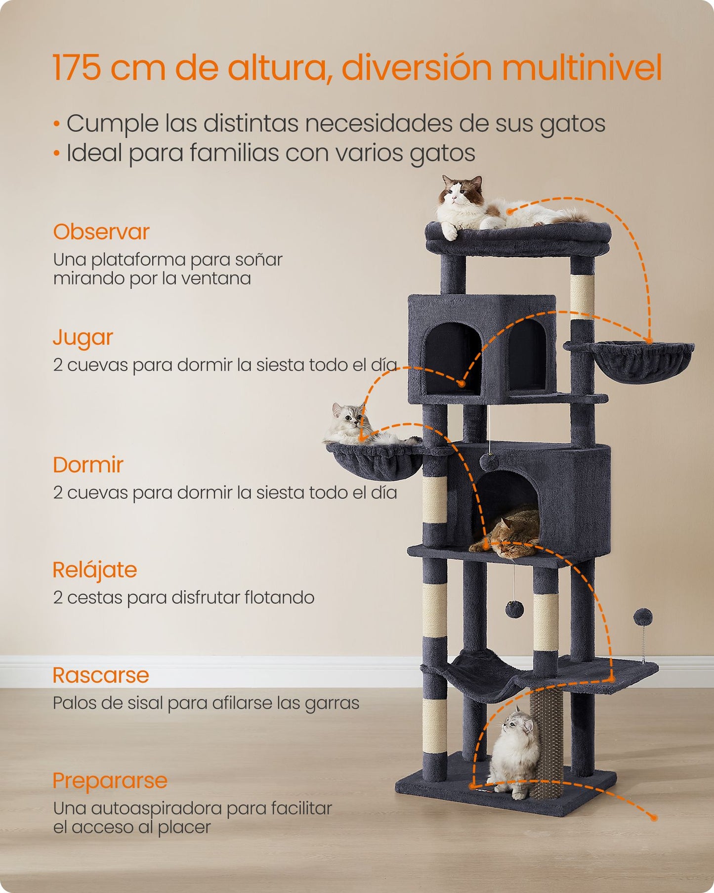 Árbol para Gatos de 175 cm con 2 Cuevas Hamaca Gris Oscuro-Feandrea