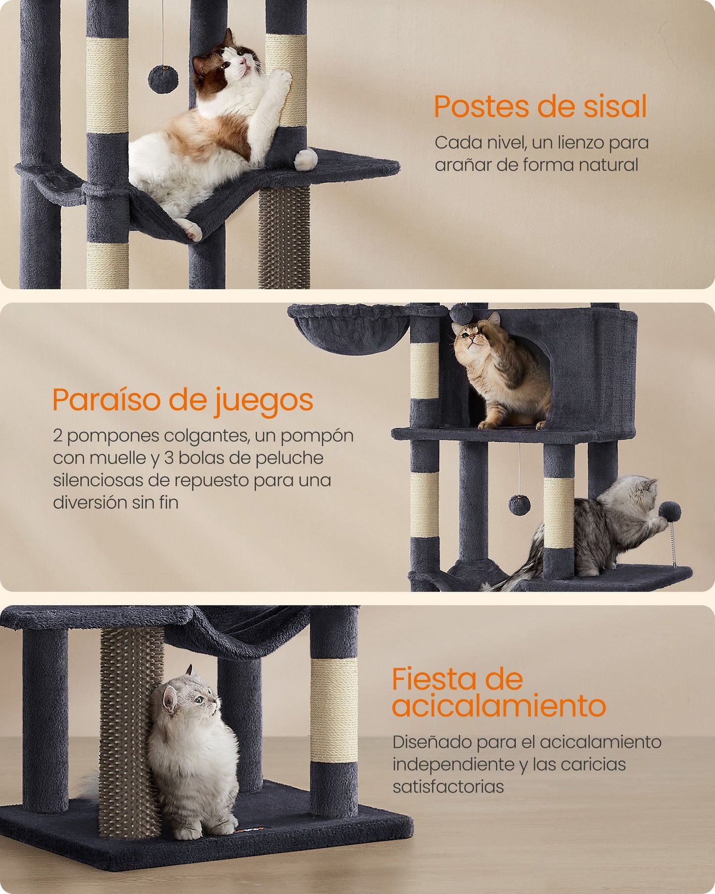 Árbol para Gatos de 175 cm con 2 Cuevas Hamaca Gris Oscuro-Feandrea