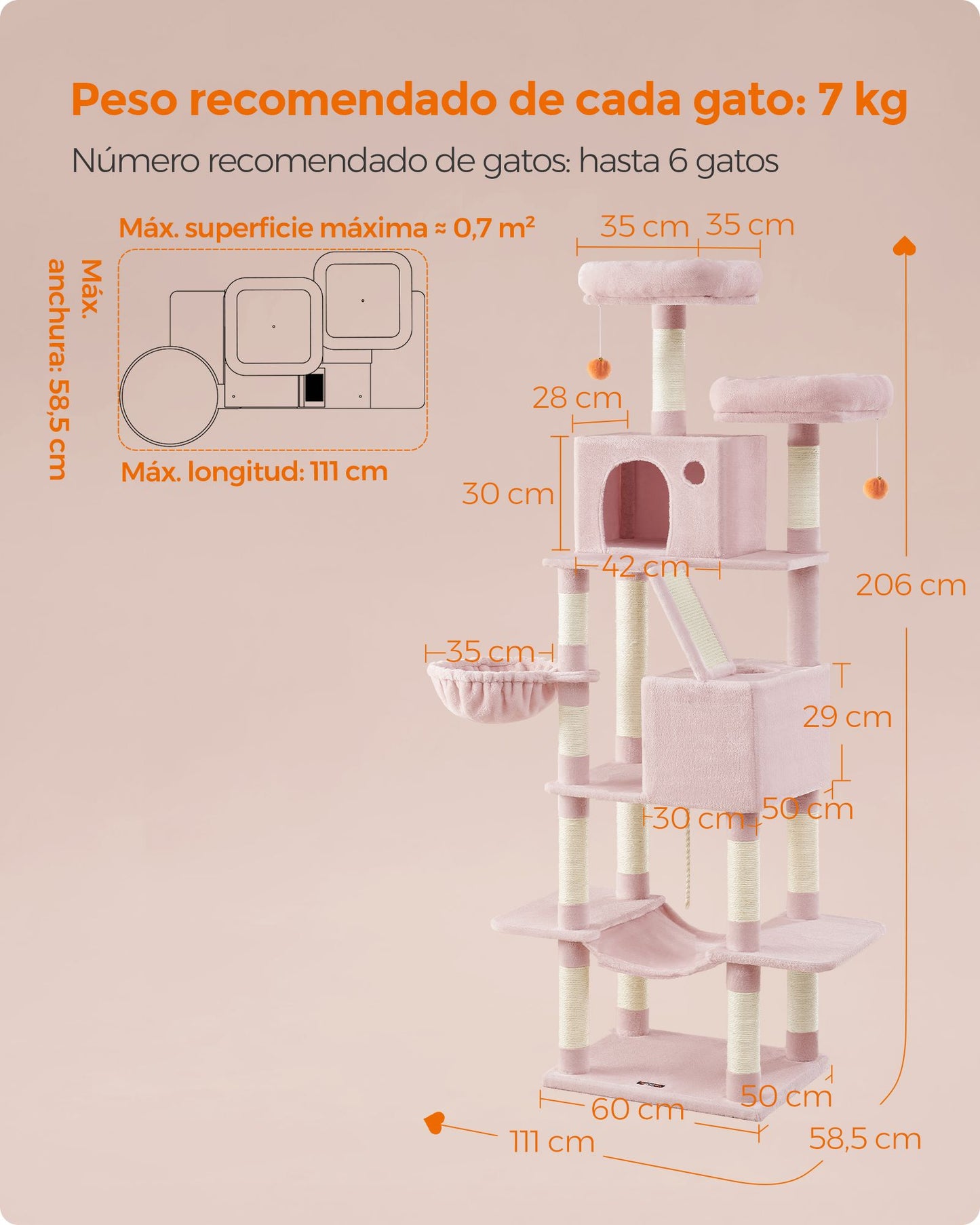 Árbol para Gatos 206 cm Rosa Jalea-Feandrea