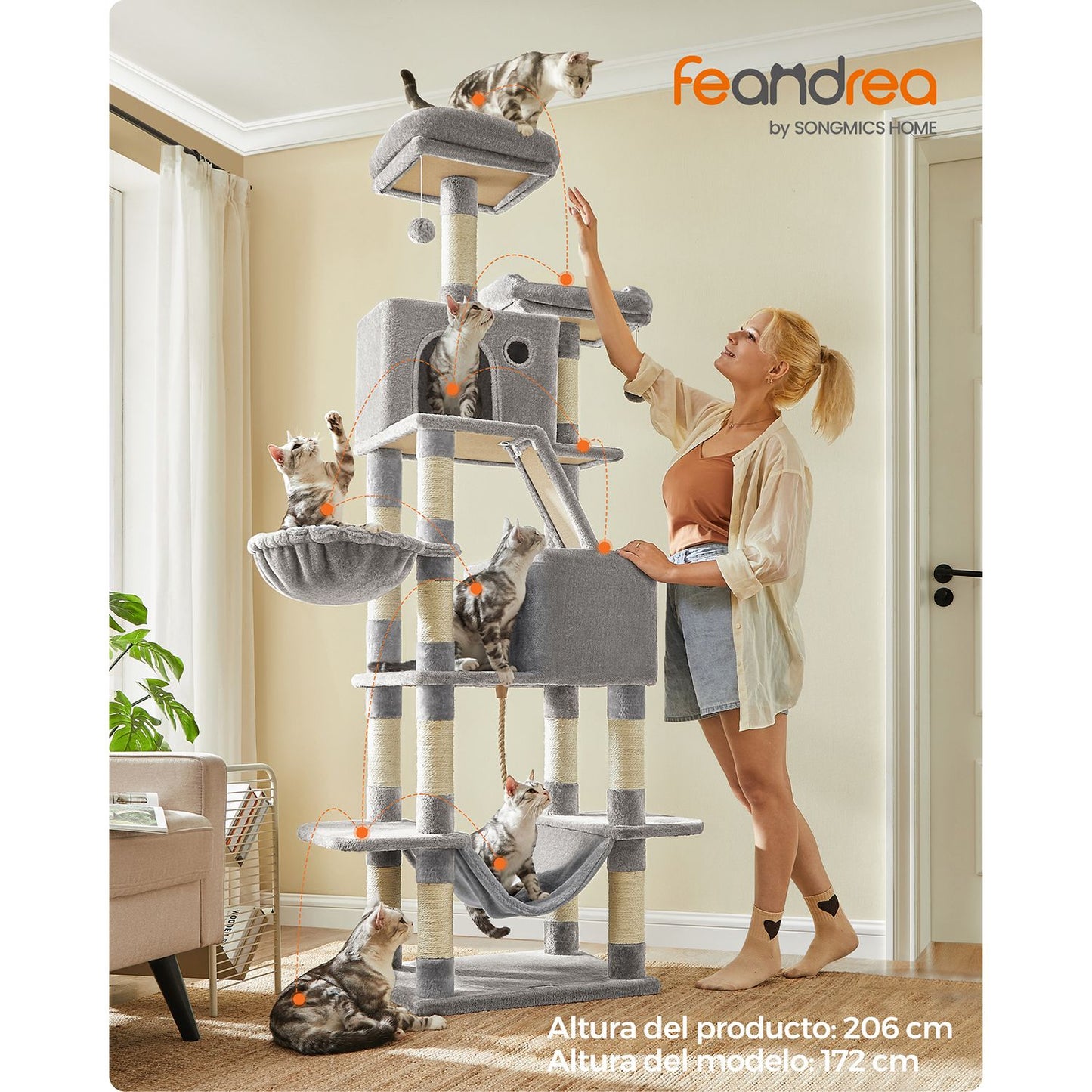 Árbol para Gatos XXL Torre de Gatos de 206 cm de Altura con 13 Poste Gris Claro-Feandrea