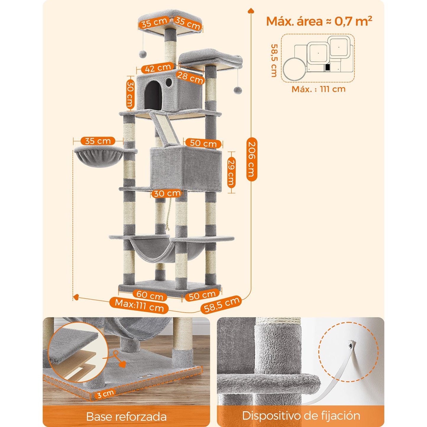 Árbol para Gatos XXL Torre de Gatos de 206 cm de Altura con 13 Poste Gris Claro-Feandrea