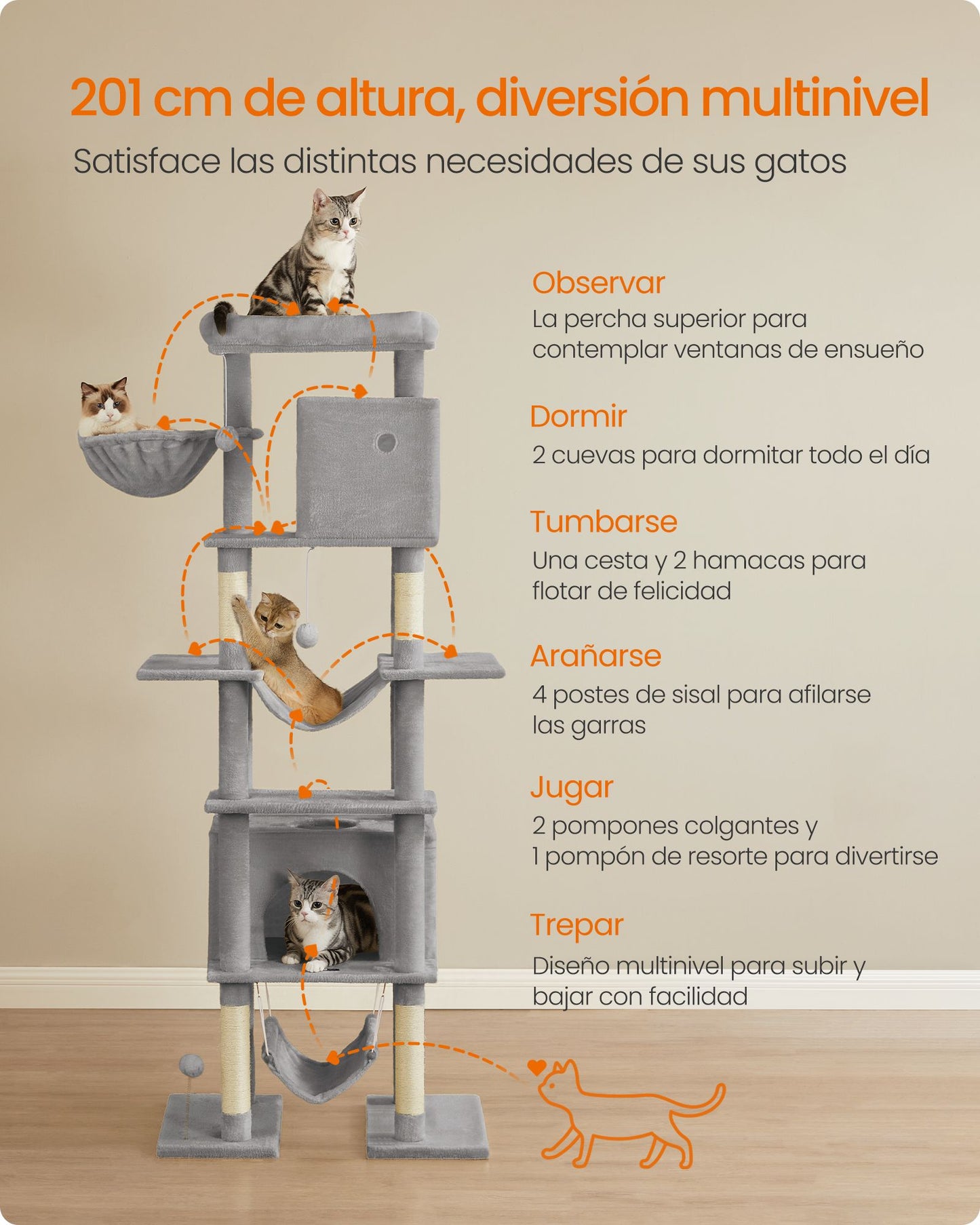 Árbol Grande para Gatos 201 cm de Altura Gris Claro-Feandrea