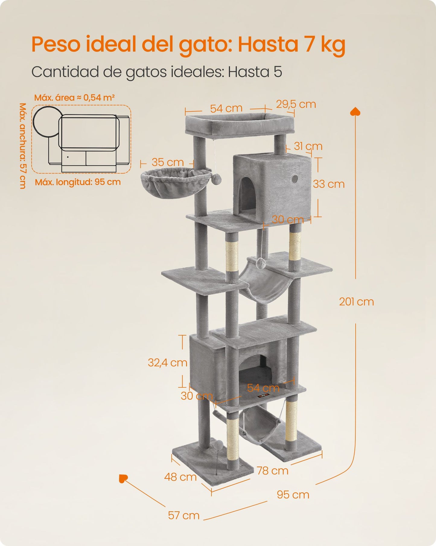 Árbol Grande para Gatos 201 cm de Altura Gris Claro-Feandrea