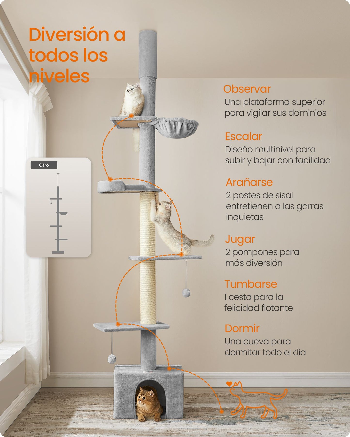 Árbol para Gatos 231-291 cm Altura Ajustable Gris Claro-Feandrea