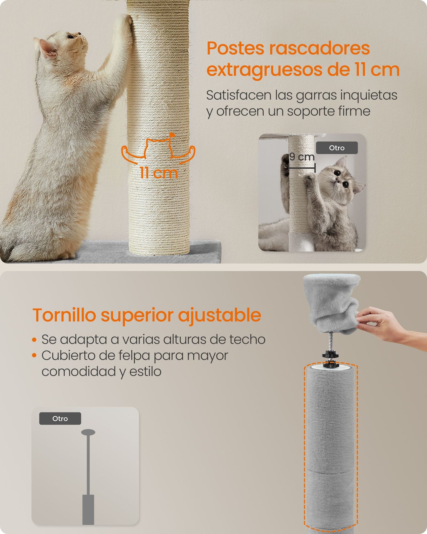 Árbol para Gatos 231-291 cm Altura Ajustable Gris Claro-Feandrea