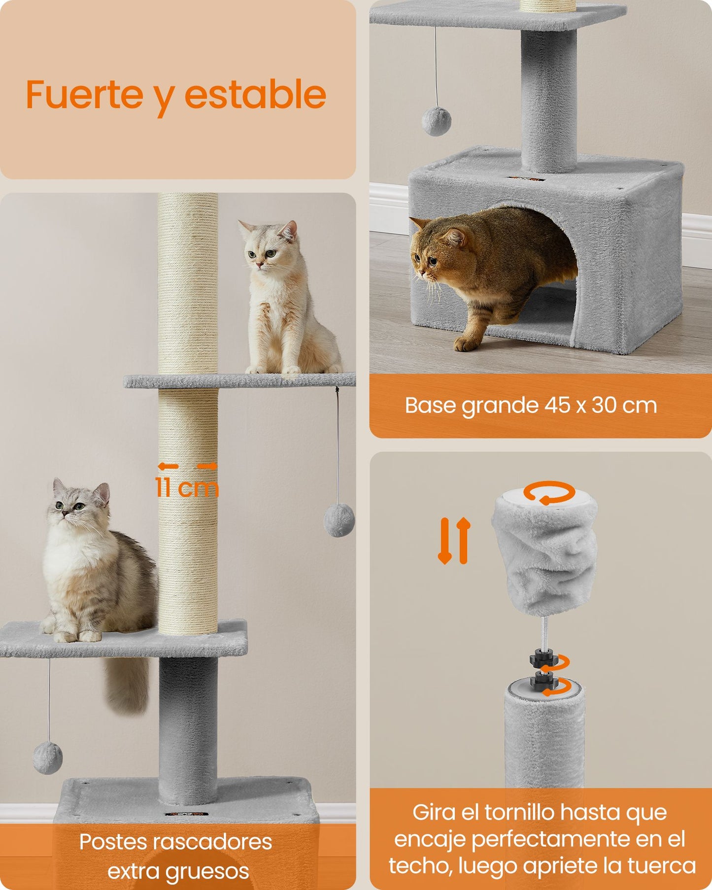 Árbol para Gatos 231-291 cm Altura Ajustable Gris Claro-Feandrea