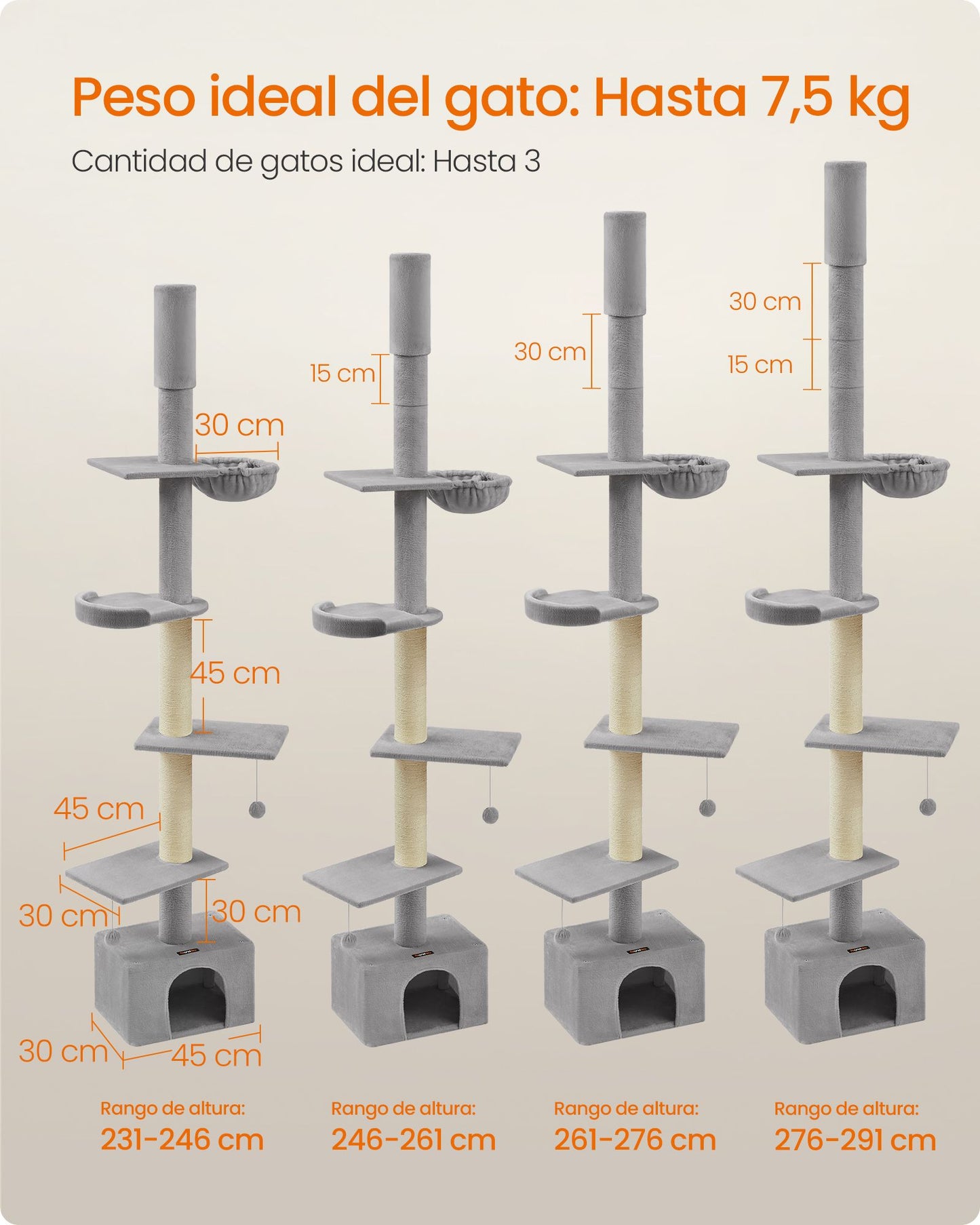 Árbol para Gatos 231-291 cm Altura Ajustable Gris Claro-Feandrea