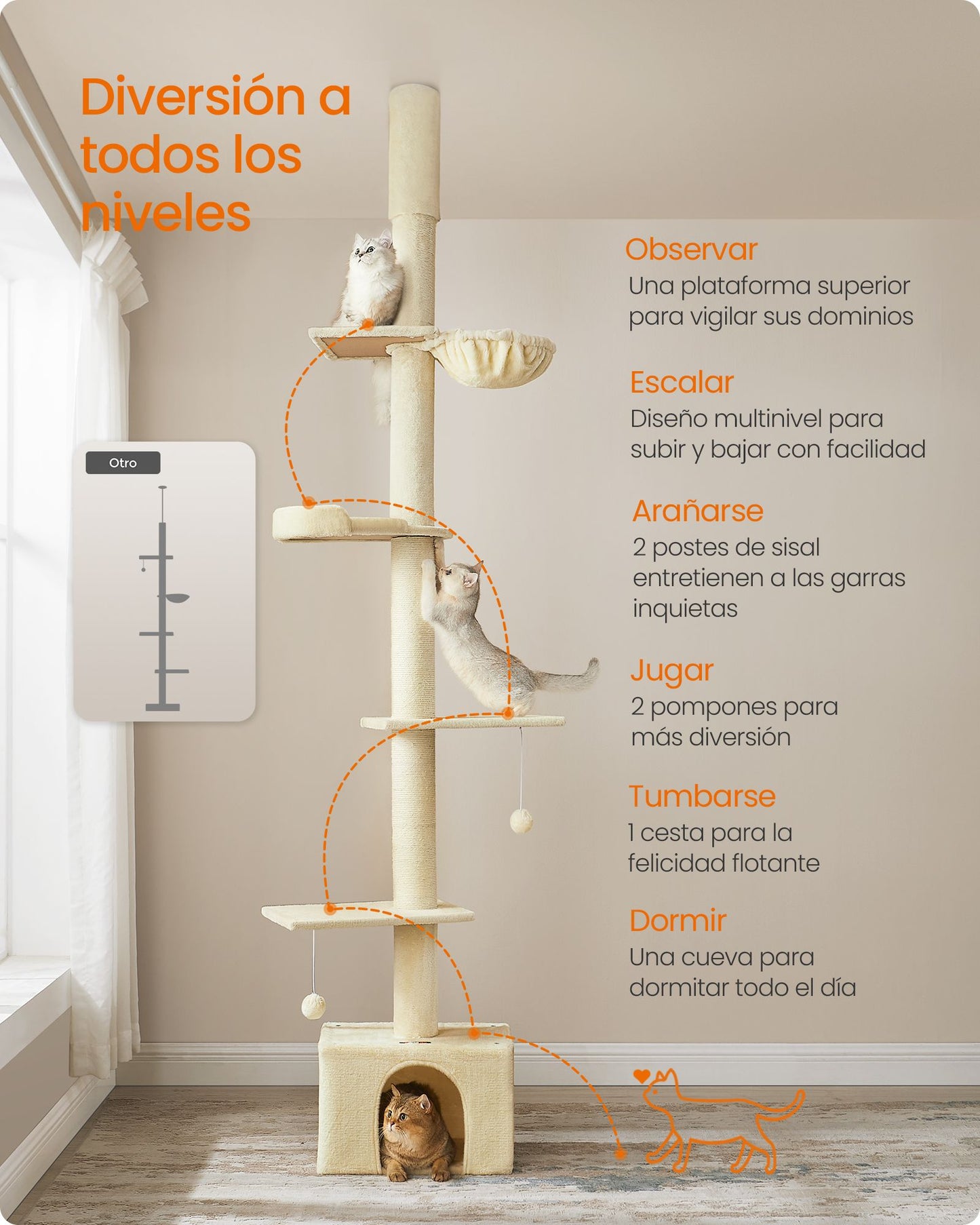 Árbol para Gatos 231-291 cm Altura Ajustable Beige-Feandrea