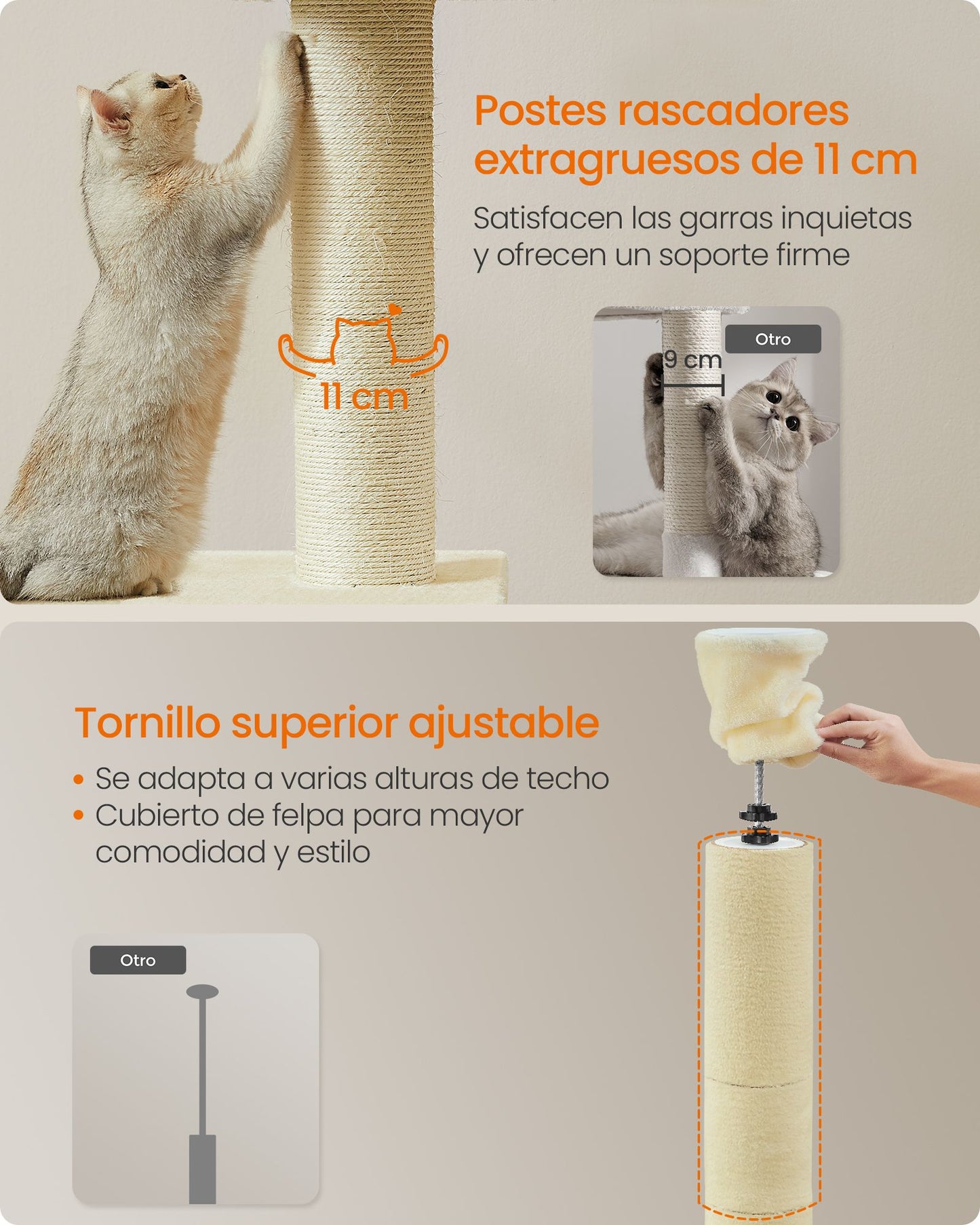 Árbol para Gatos 231-291 cm Altura Ajustable Beige-Feandrea