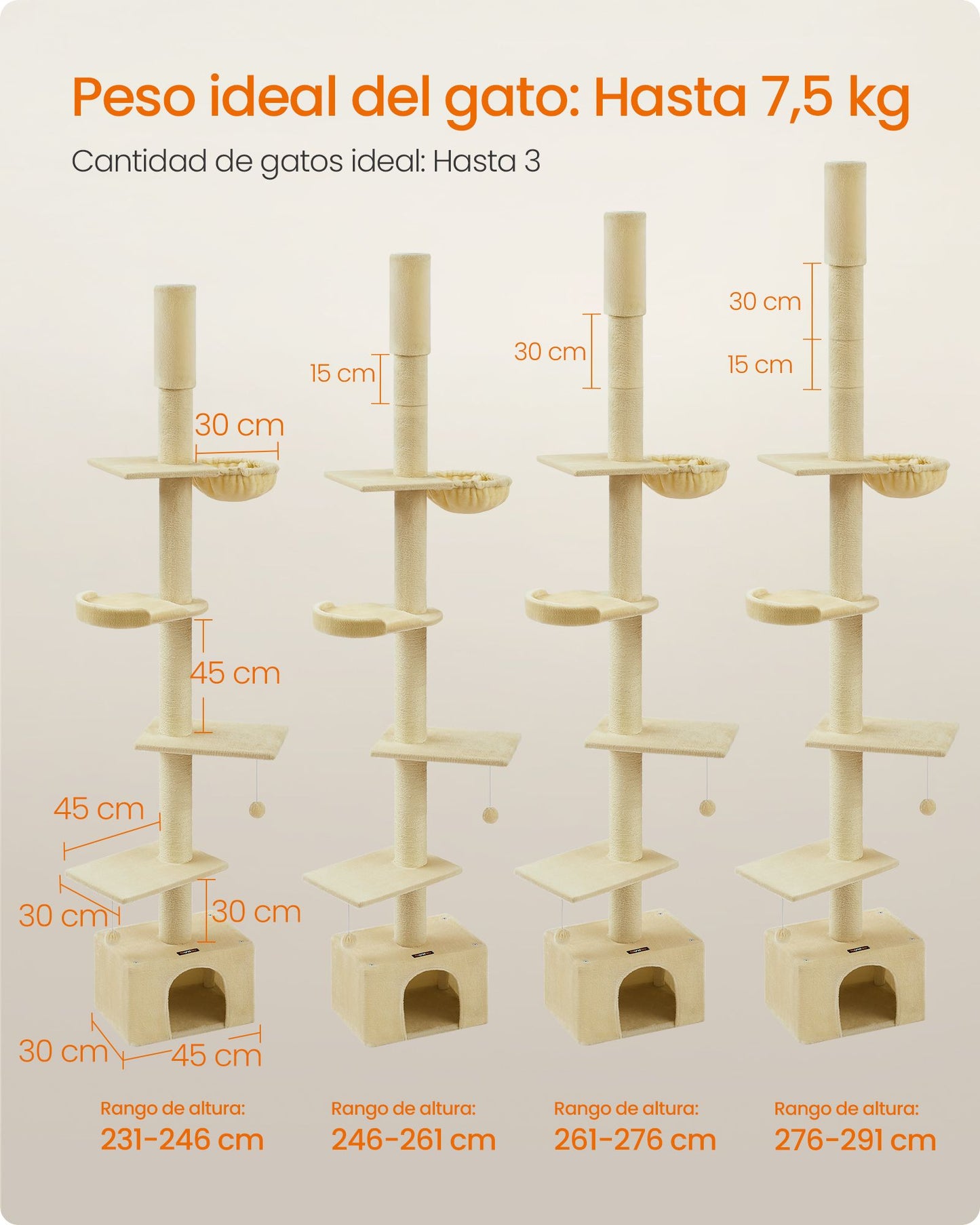 Árbol para Gatos 231-291 cm Altura Ajustable Beige-Feandrea