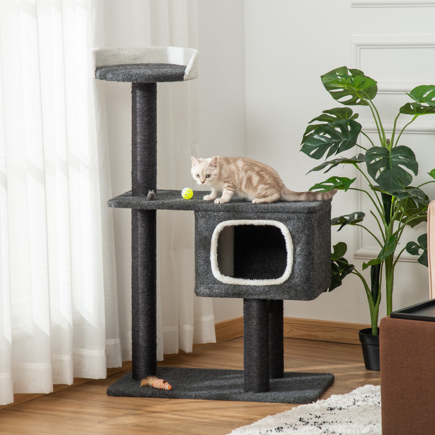 PawHut Árbol para Gatos 70x41x112 cm Torre Escalador para Gatos con Cueva Plataforma y Postes Rascadores de Sisal para Arañar Gris Oscuro